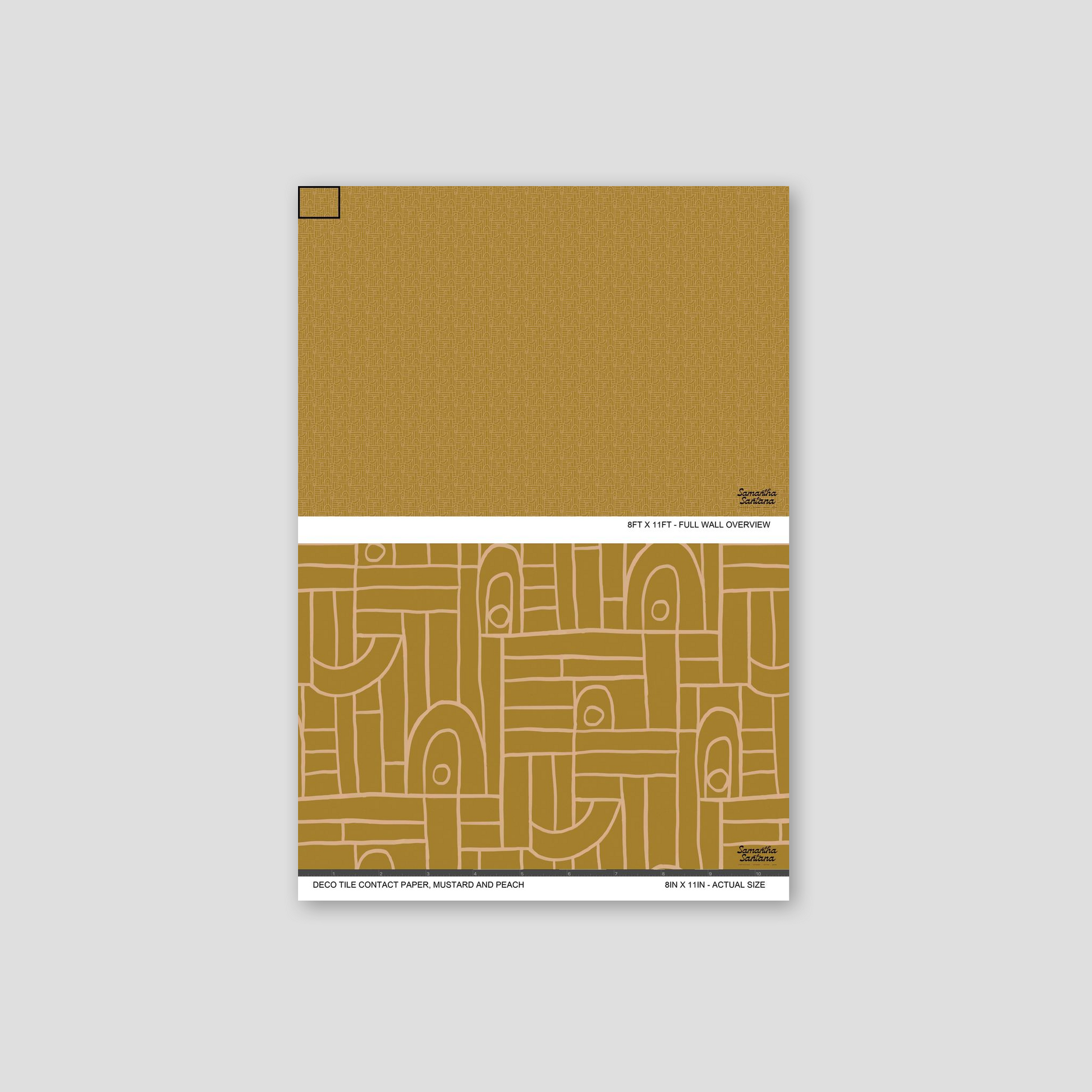 Geometric mustard and peach contact paper, shelf liner with abstract design.