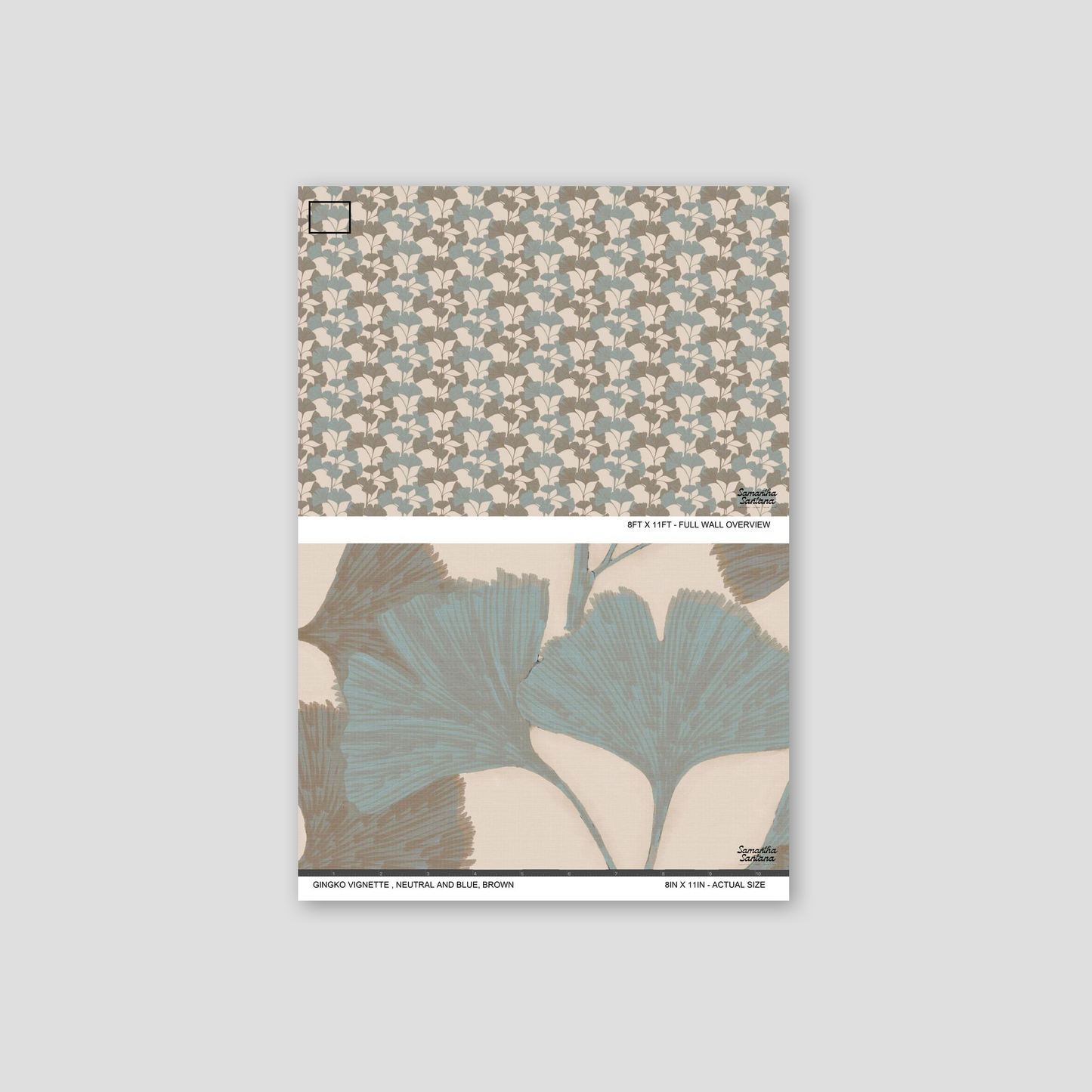 Gingko Vignette wallpaper with blue and brown leaves on neutral background.