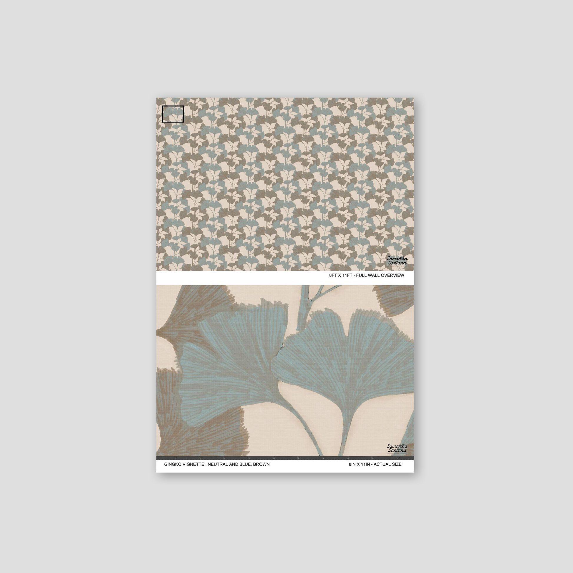 Gingko Vignette wallpaper with blue and brown leaves on neutral background.