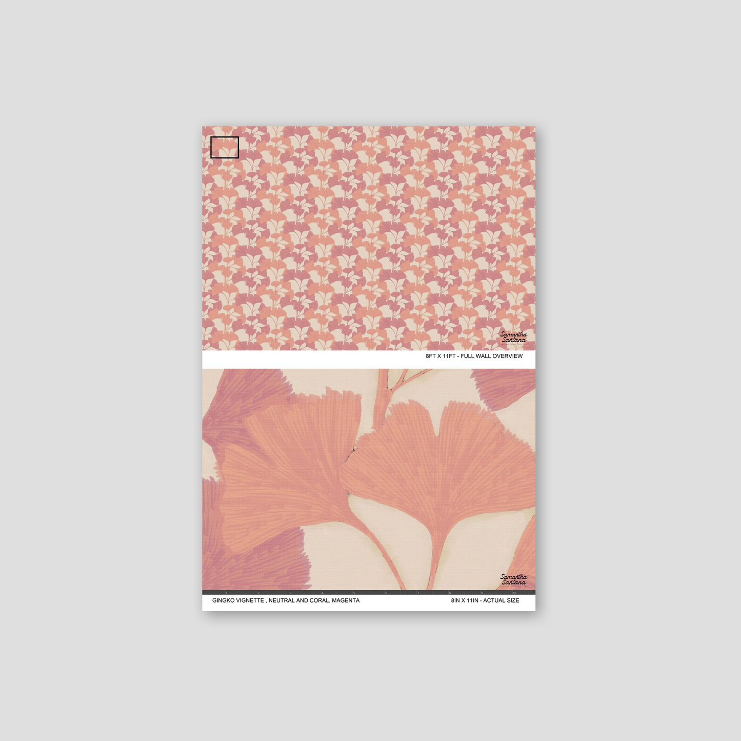 Gingko Vignette wallpaper with coral and magenta ginkgo leaves pattern.
