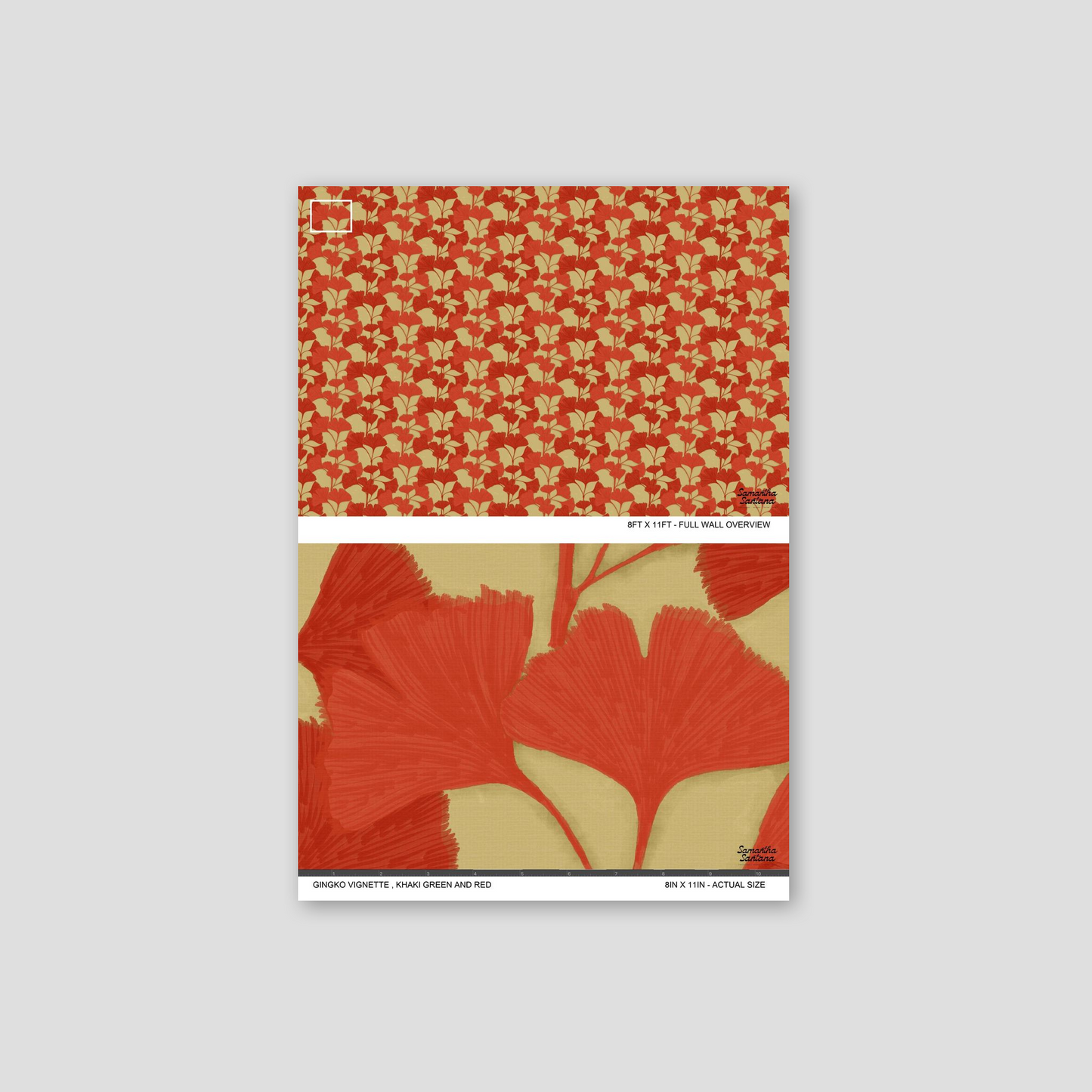 Gingko Vignette wallpaper with khaki green and red floral pattern.
