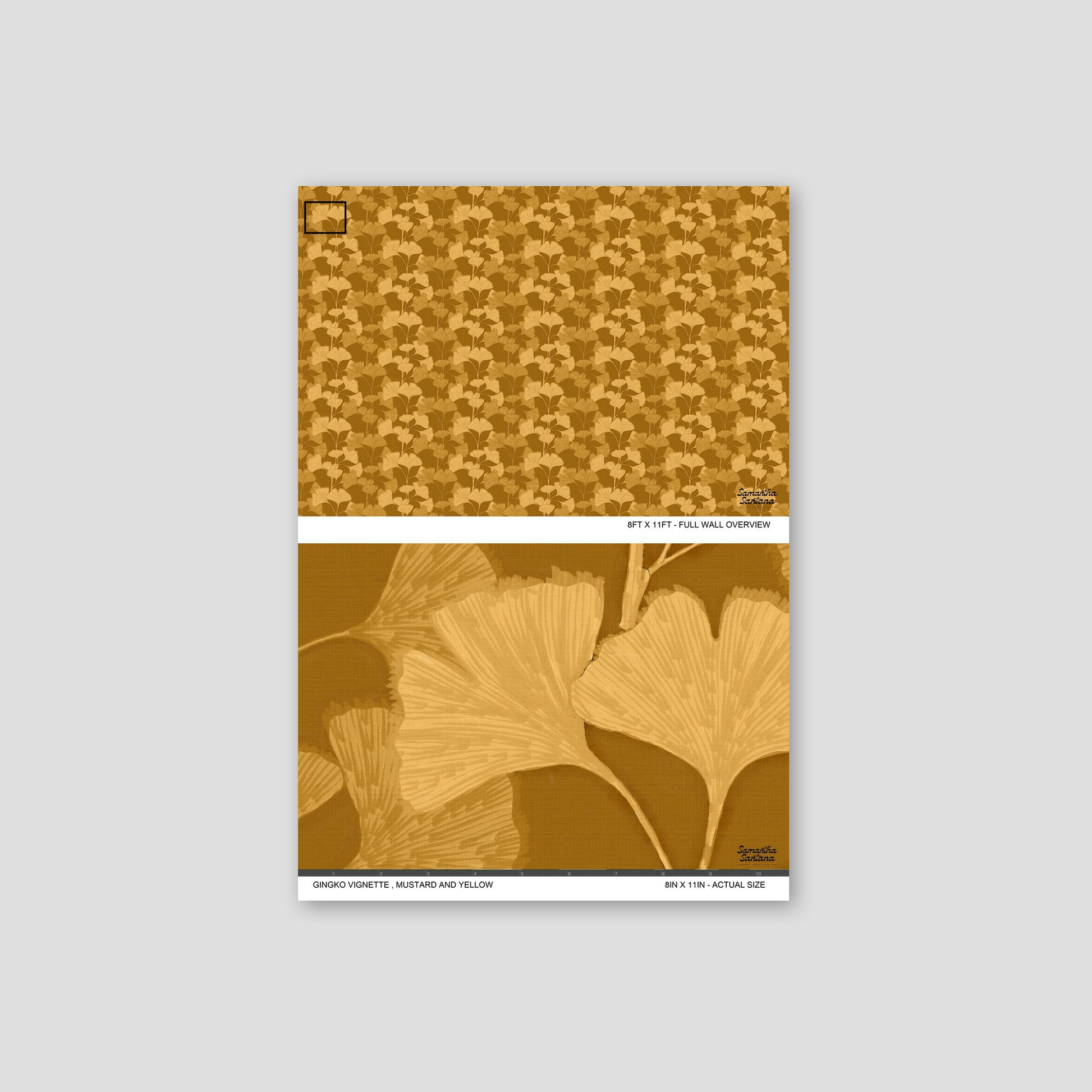 Gingko Vignette Wallpaper in mustard and yellow with intricate leaf patterns.