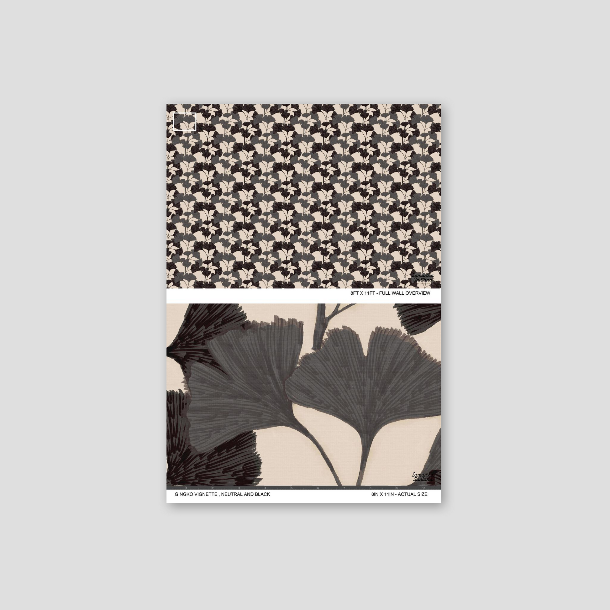 Neutral and black gingko leaf wallpaper pattern sample.