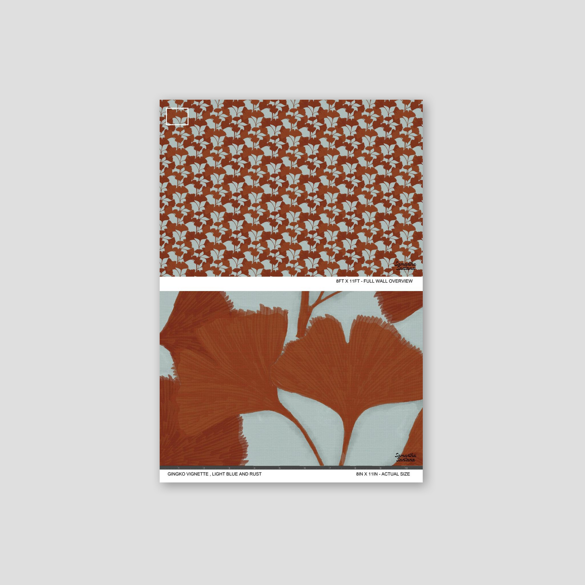 Gingko Vignette Wallpaper with rust leaves on light blue background, floral pattern.