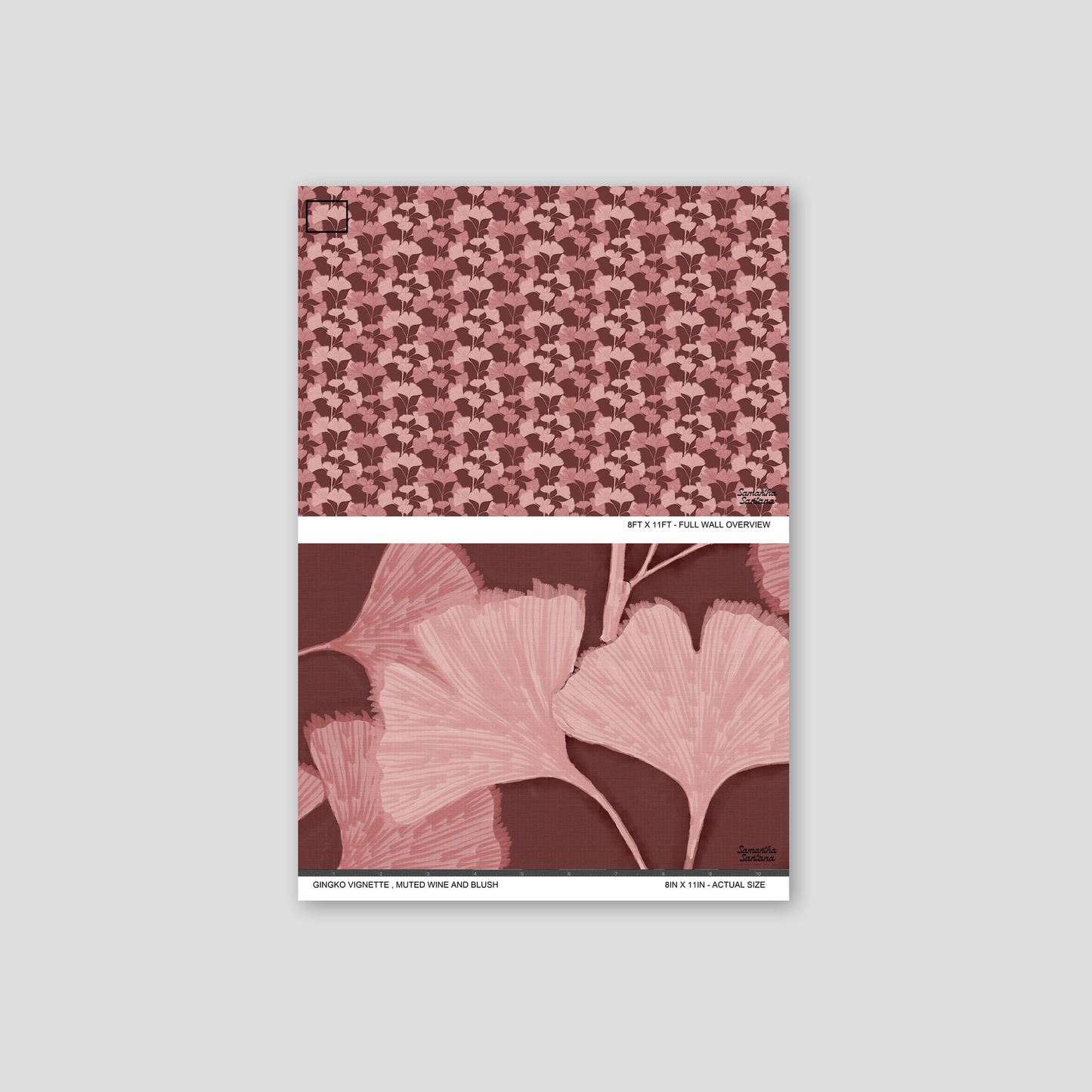 Muted wine and blush ginkgo leaf wallpaper sample with intricate floral pattern.