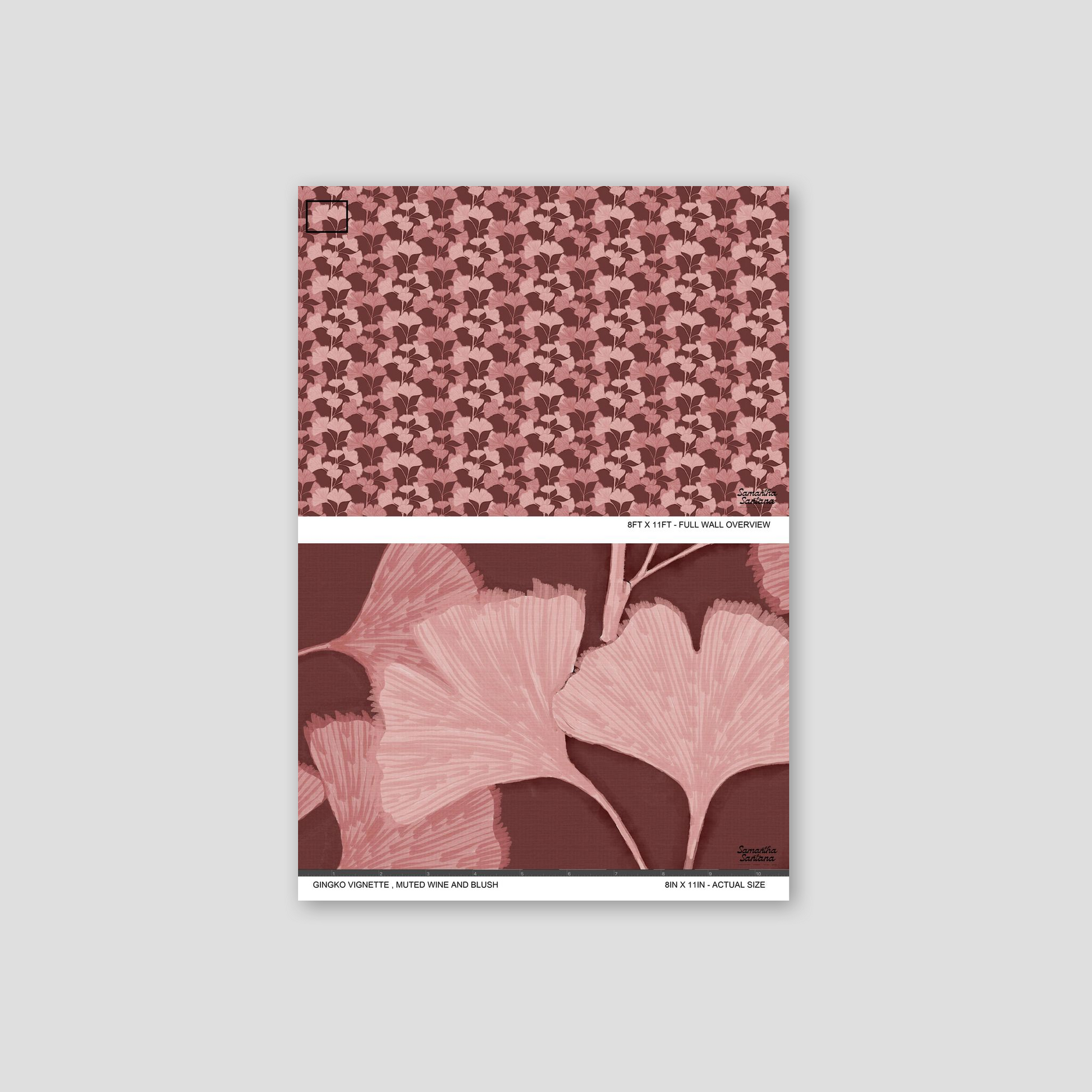 Muted wine and blush ginkgo leaf wallpaper sample with intricate floral pattern.