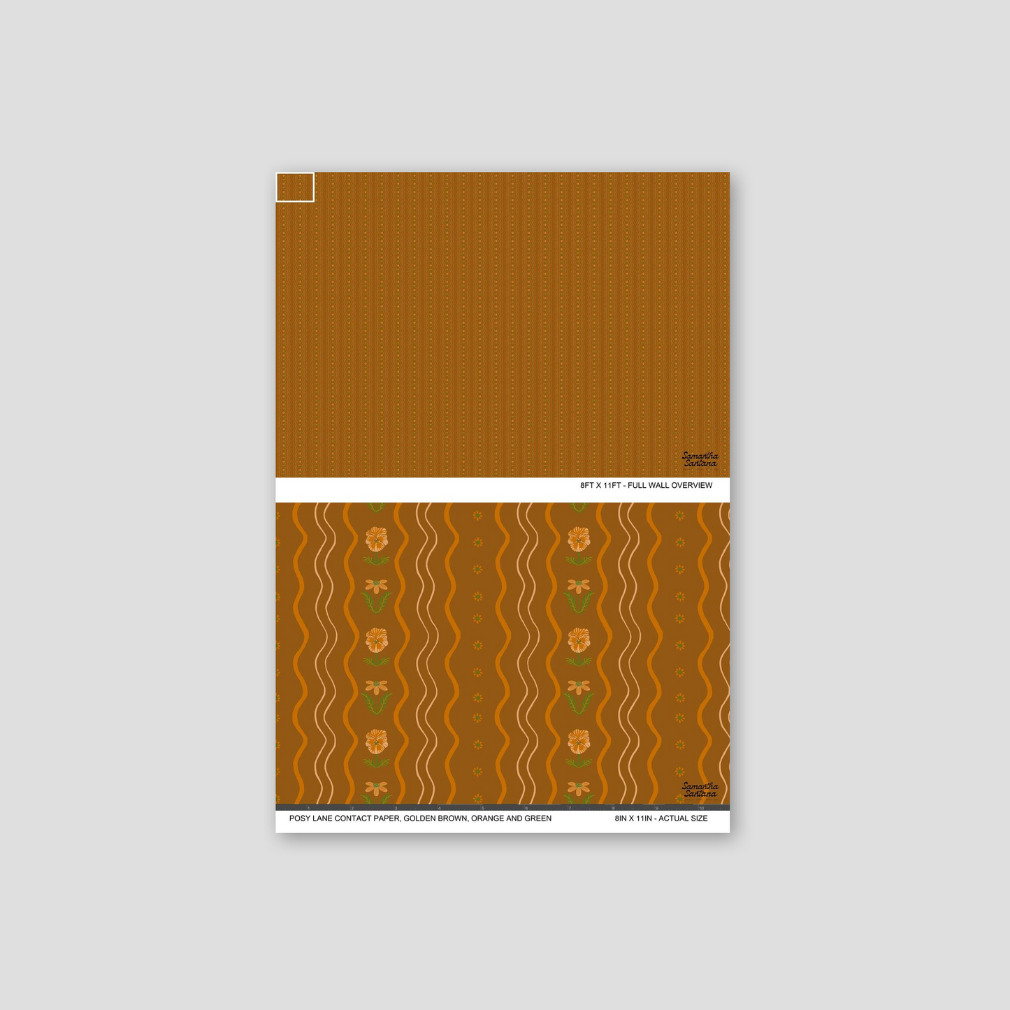 Golden brown floral contact paper, shelf liner with orange and green accents, vintage style.