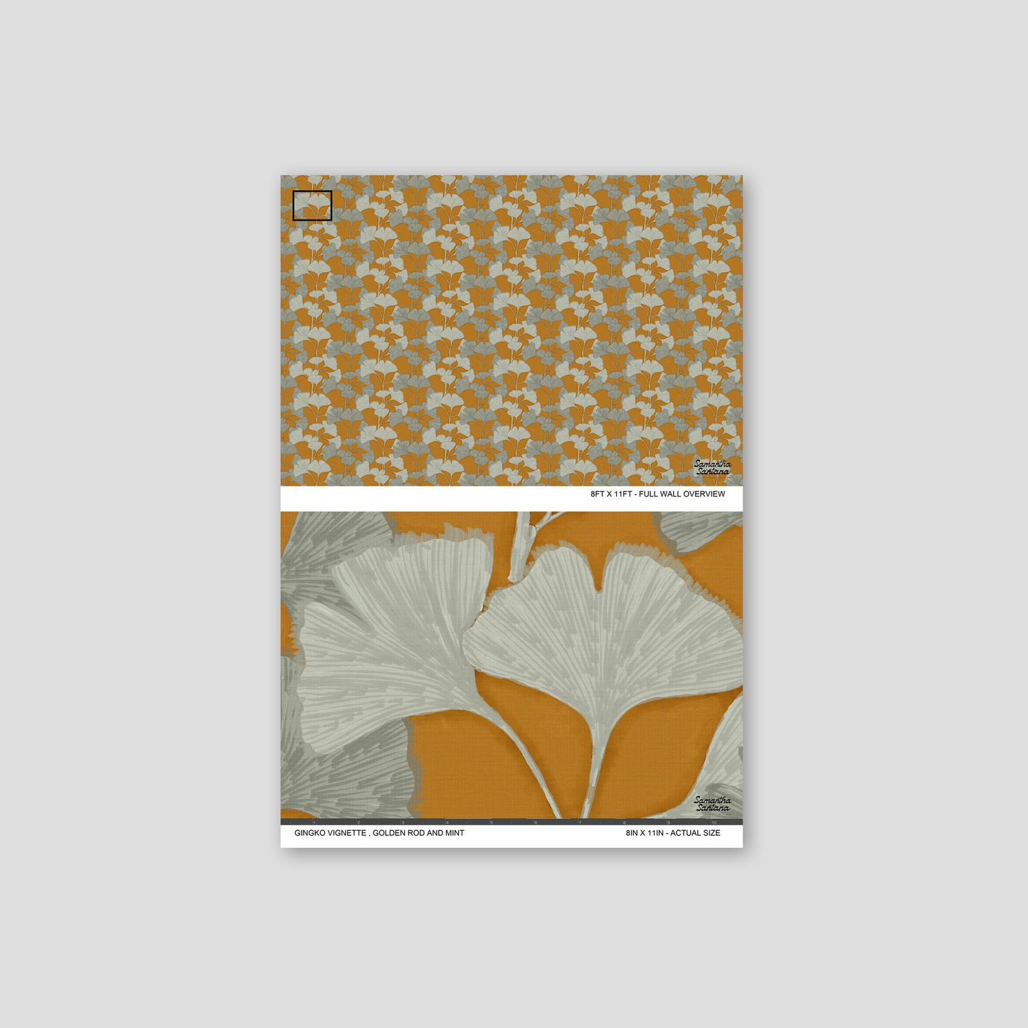 Golden rod and mint ginkgo leaf wallpaper with copper background