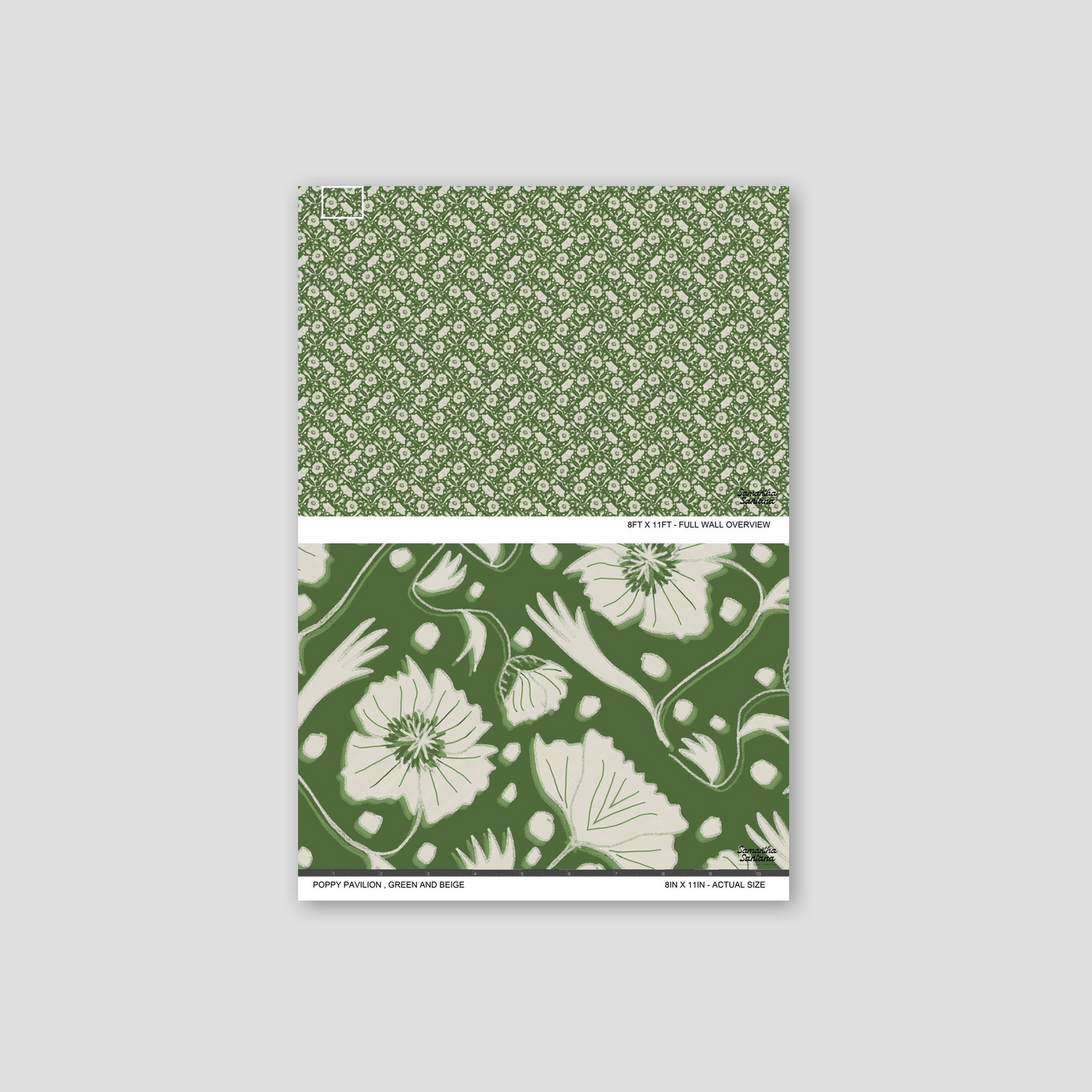 Green and beige poppy floral wallpaper sample with intricate botanical pattern.