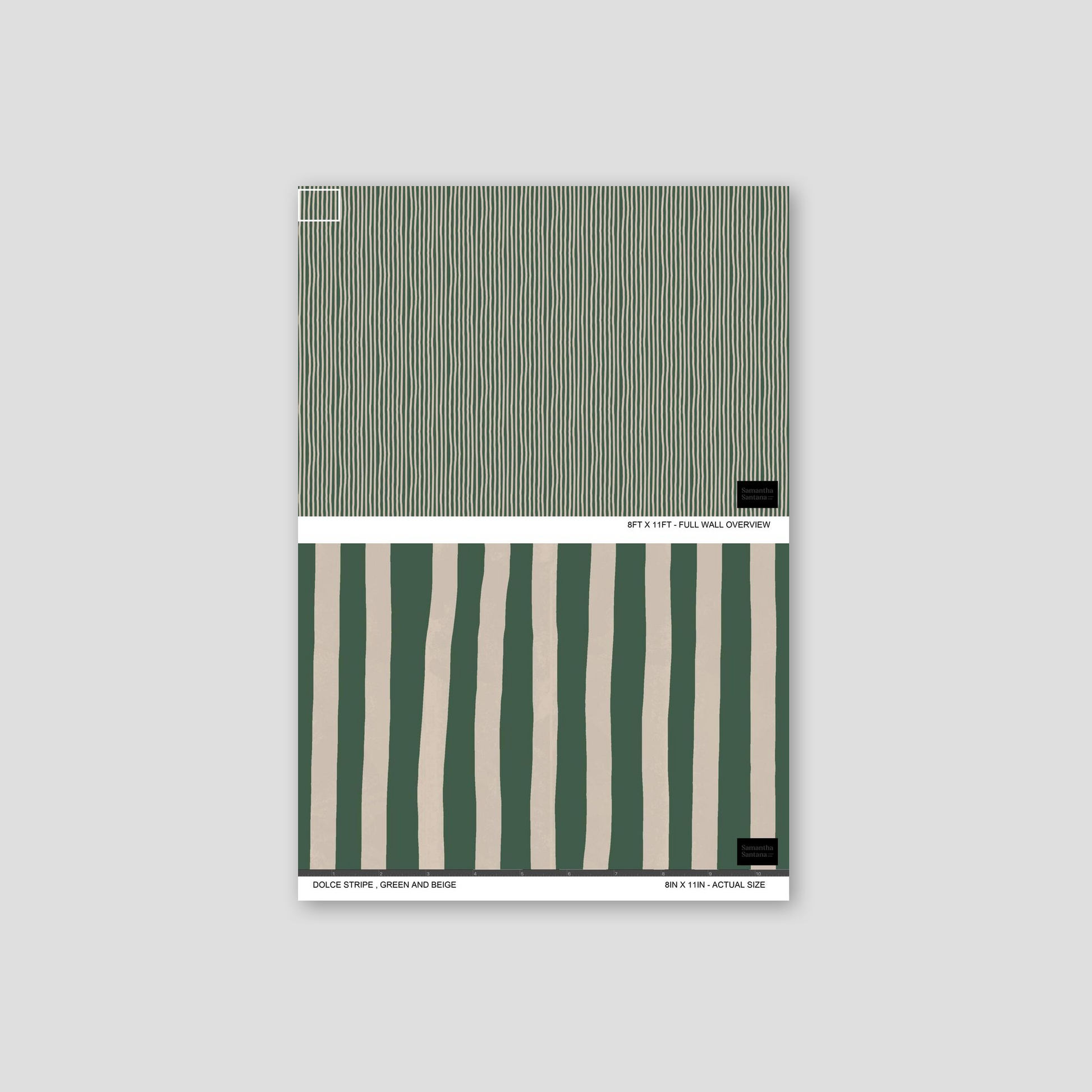Green and beige stripe wallpaper sample with organic pattern.