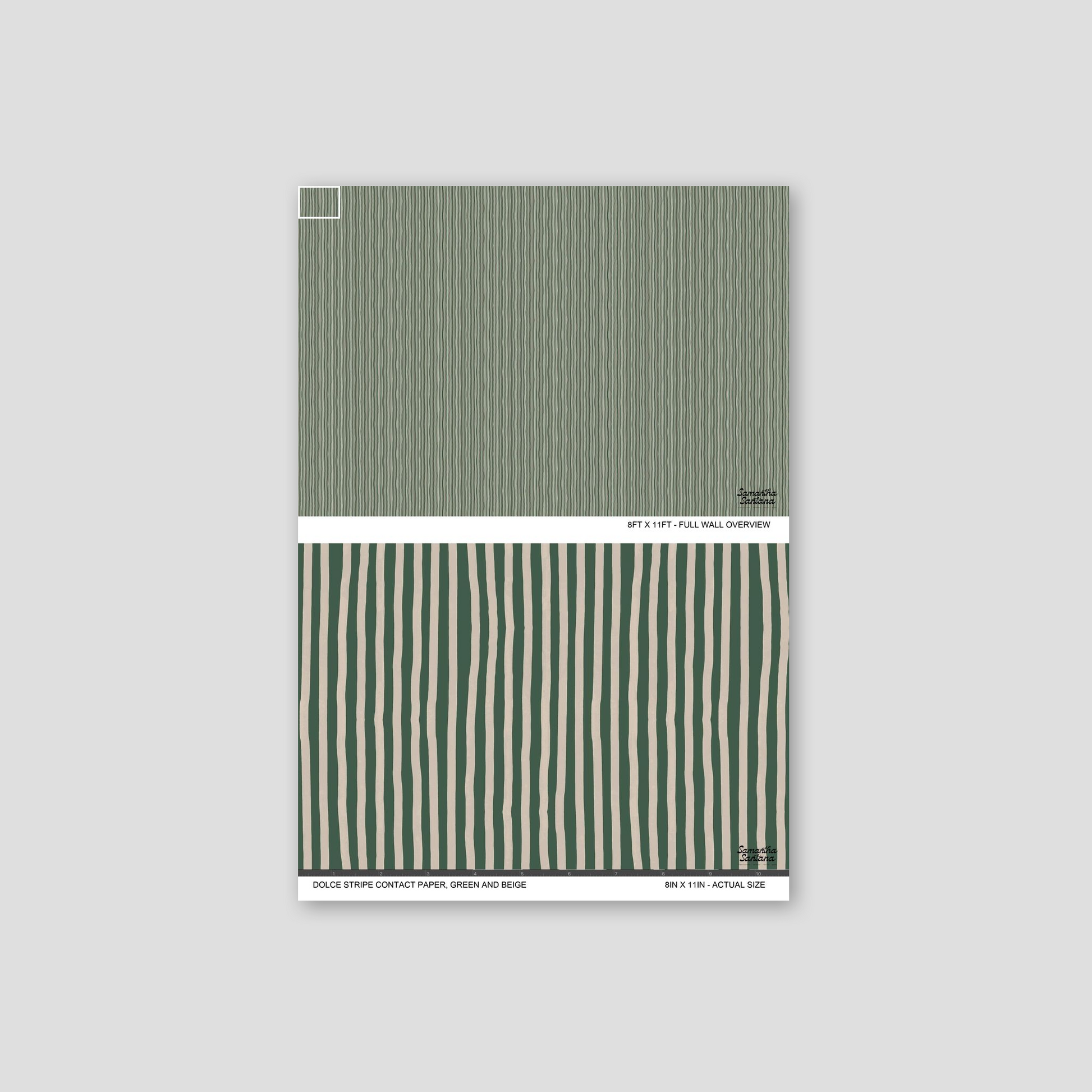 Green and beige striped contact paper, shelf liner sample with bold organic lines.