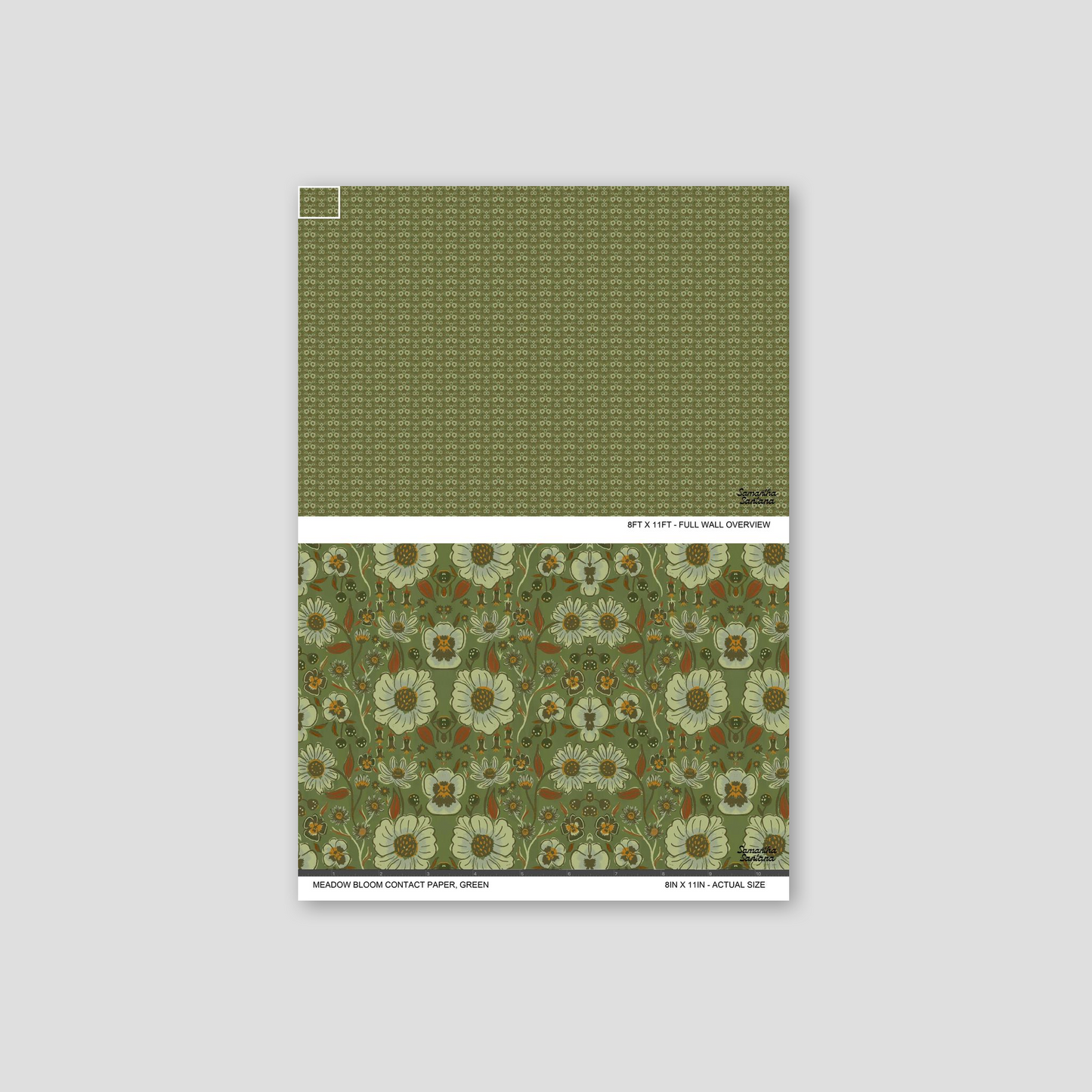 Green botanical floral contact paper, shelf liner sample with intricate vintage pattern.