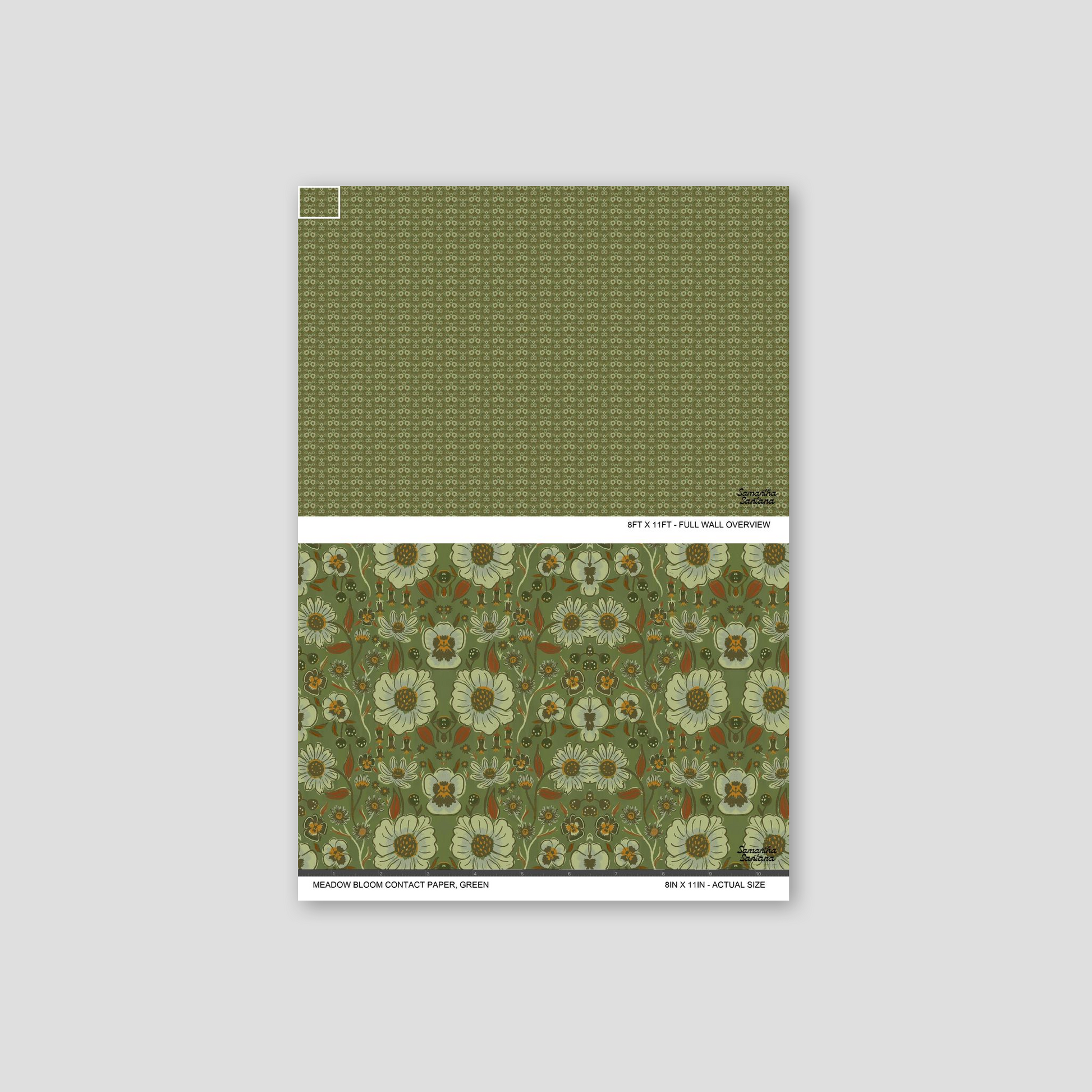 Green botanical floral contact paper, shelf liner sample with intricate vintage pattern.