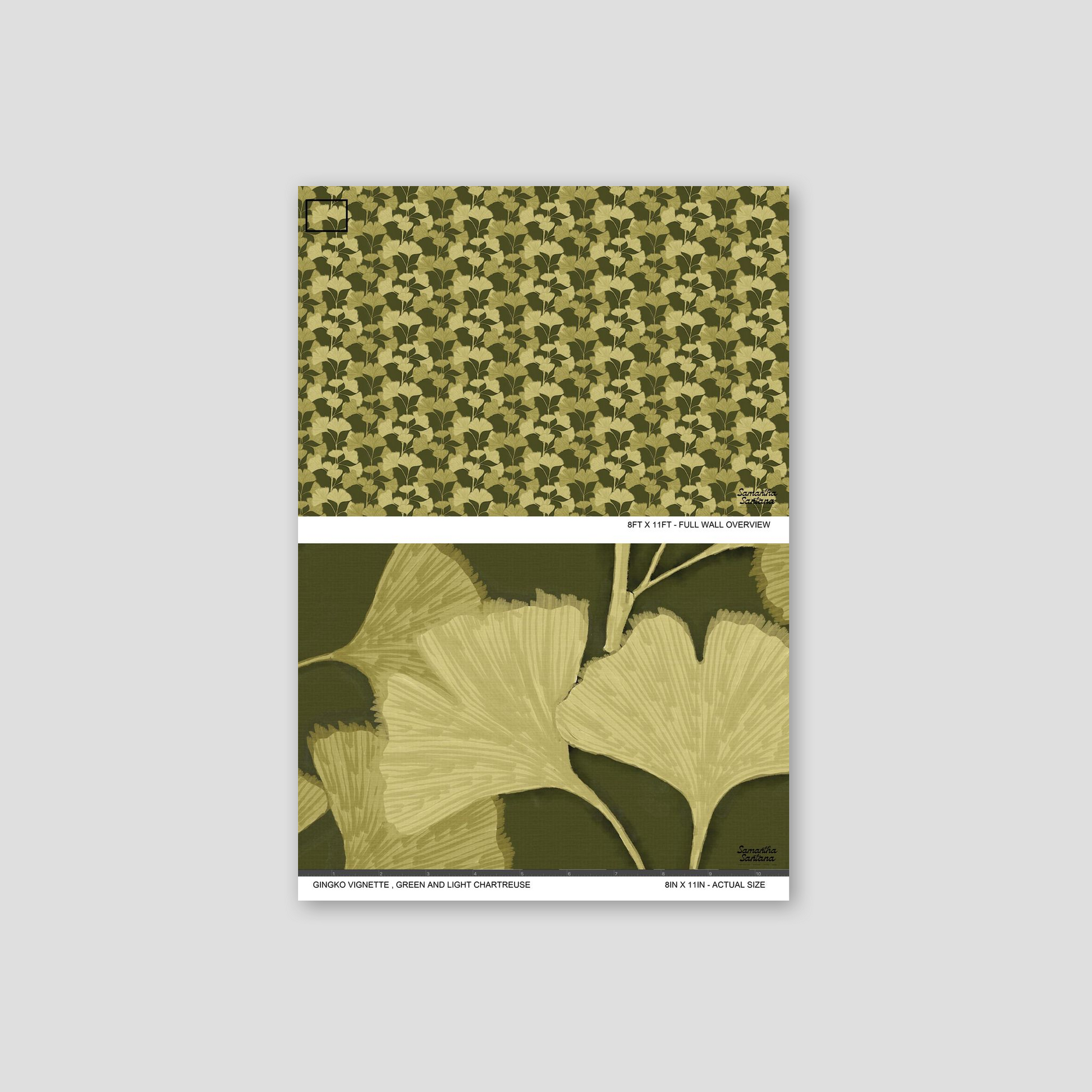 Green and chartreuse ginkgo leaf wallpaper sample, nature-inspired pattern.