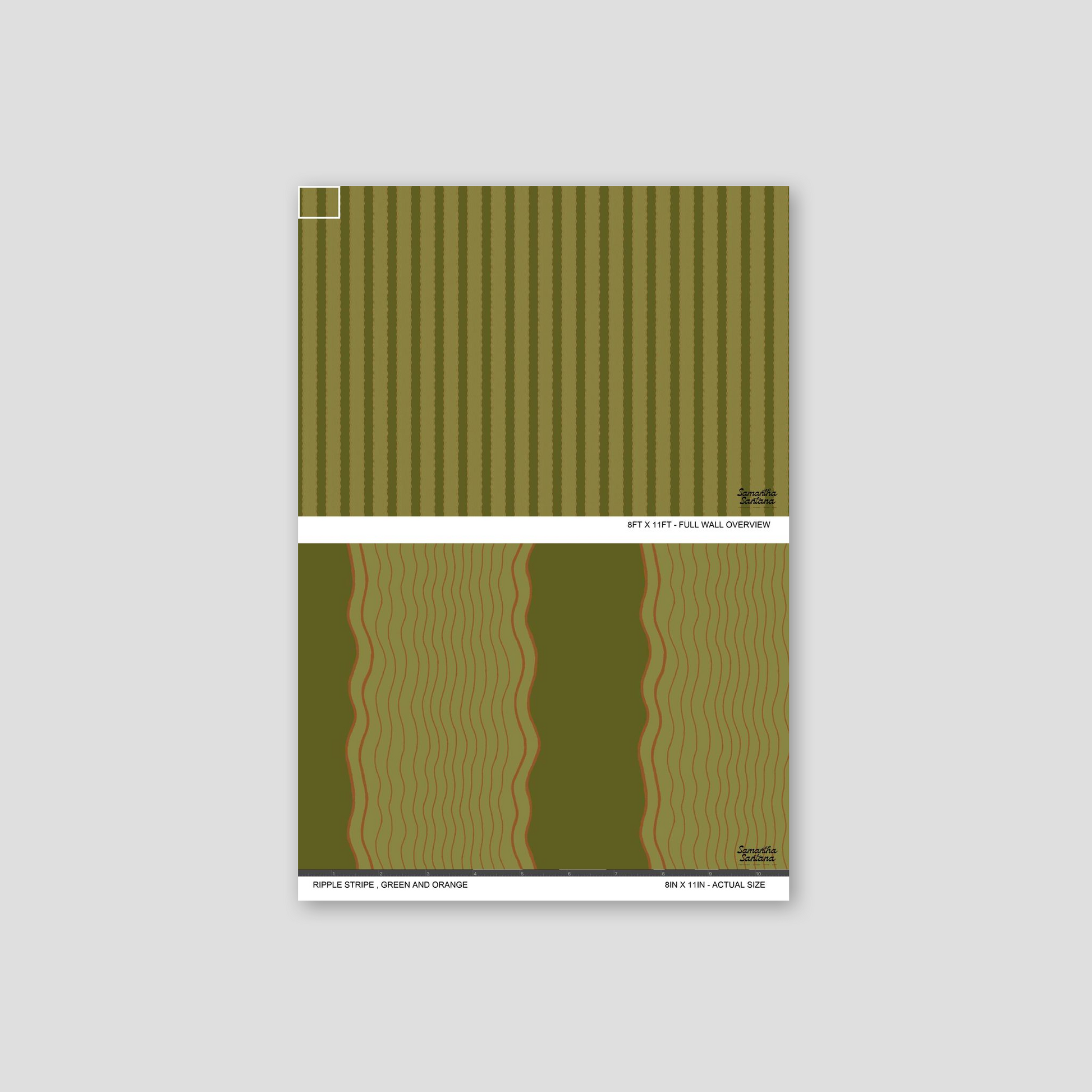 Green and orange ripple stripe wallpaper sample with wavy lines.