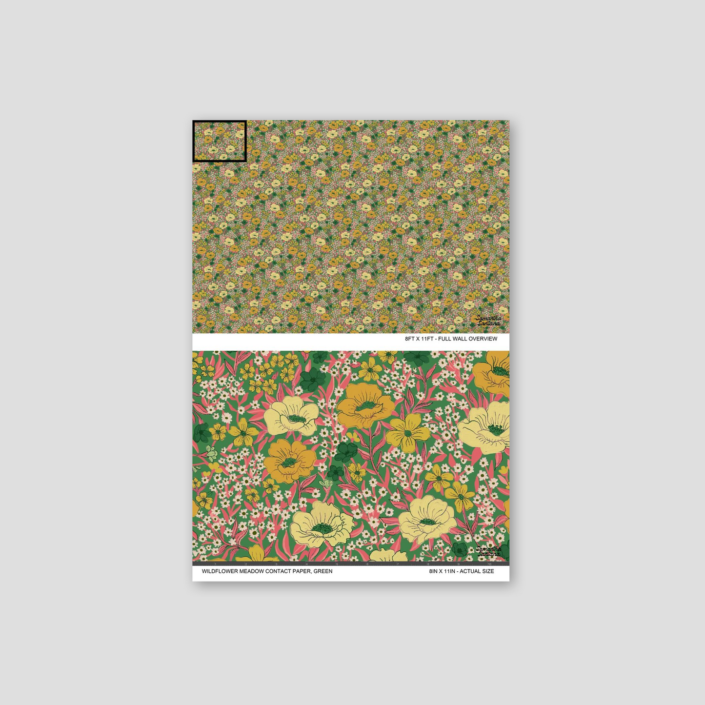 Green wildflower meadow contact paper, shelf liner with intricate floral pattern sample.