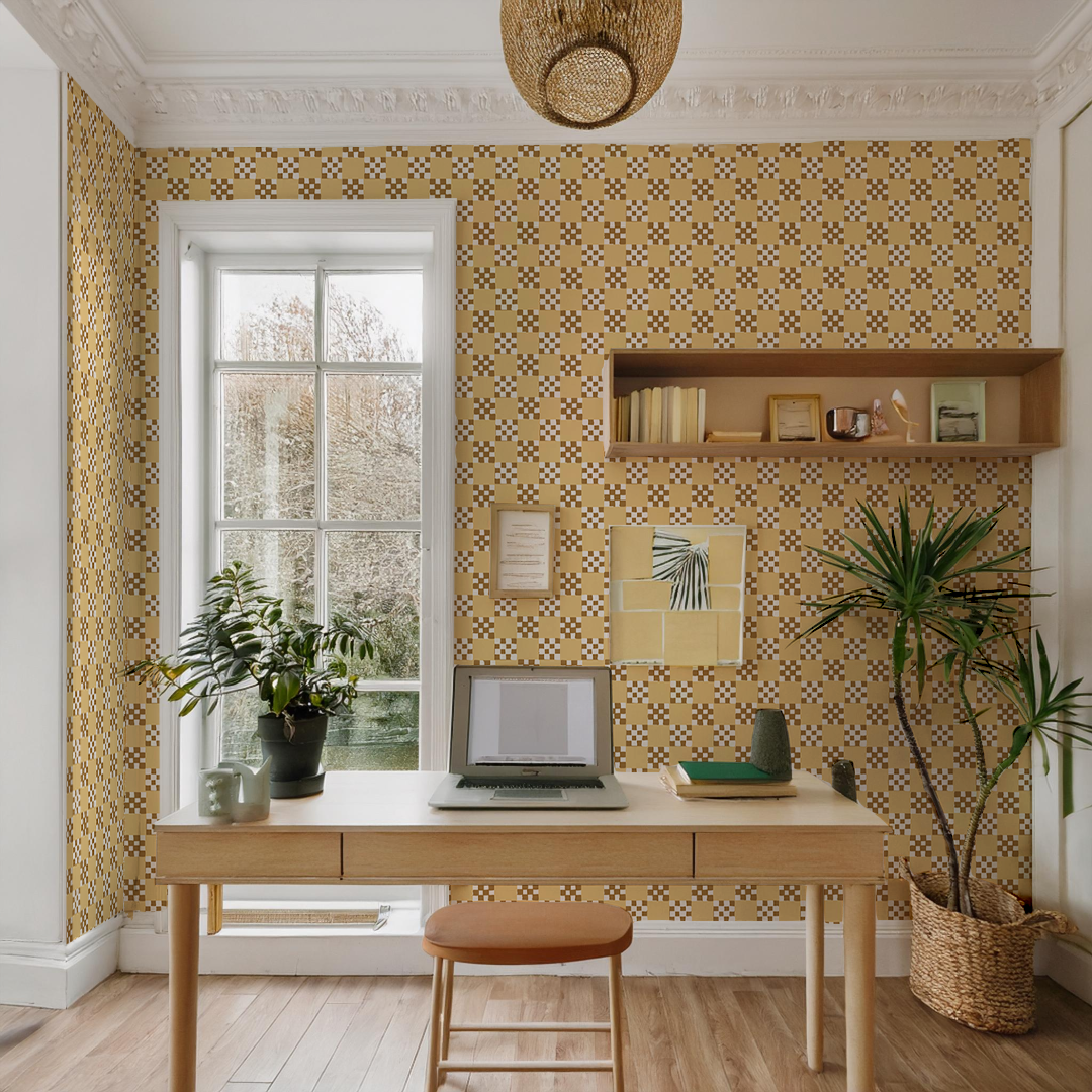 Checkered Quilt Wallpaper, butter yellow, brown and white