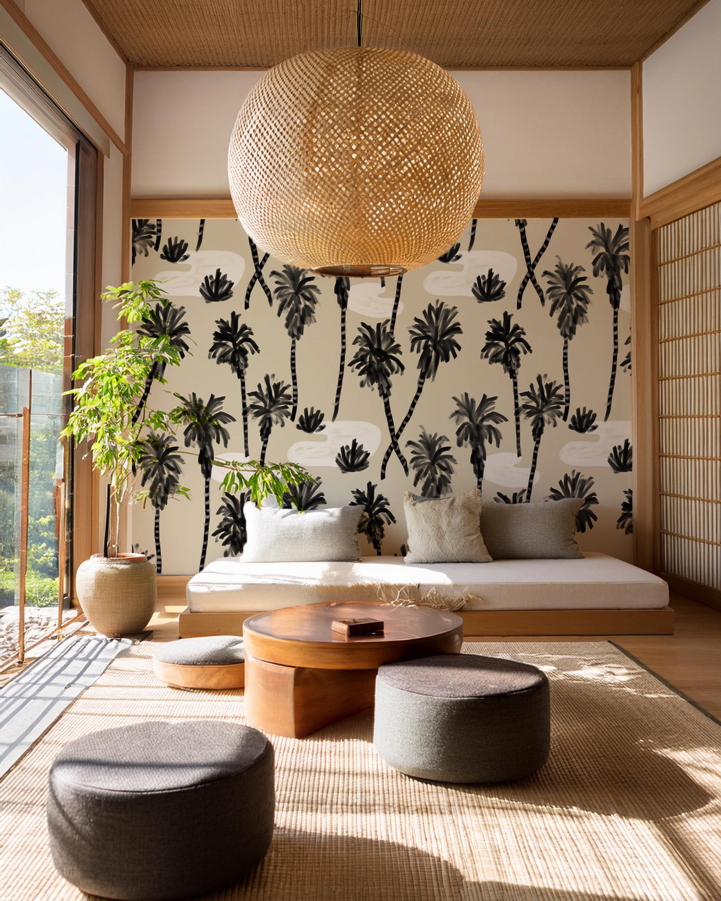 Palm Oasis Wallpaper, neutral and black