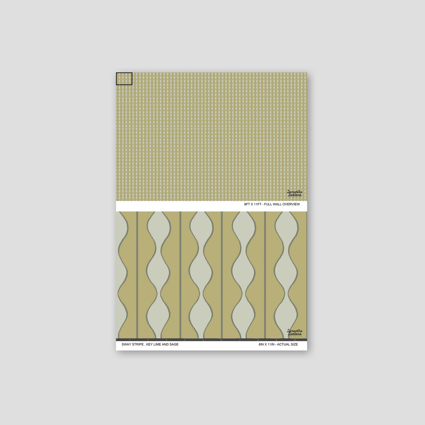 Key lime and sage wavy stripe wallpaper sample with geometric pattern.