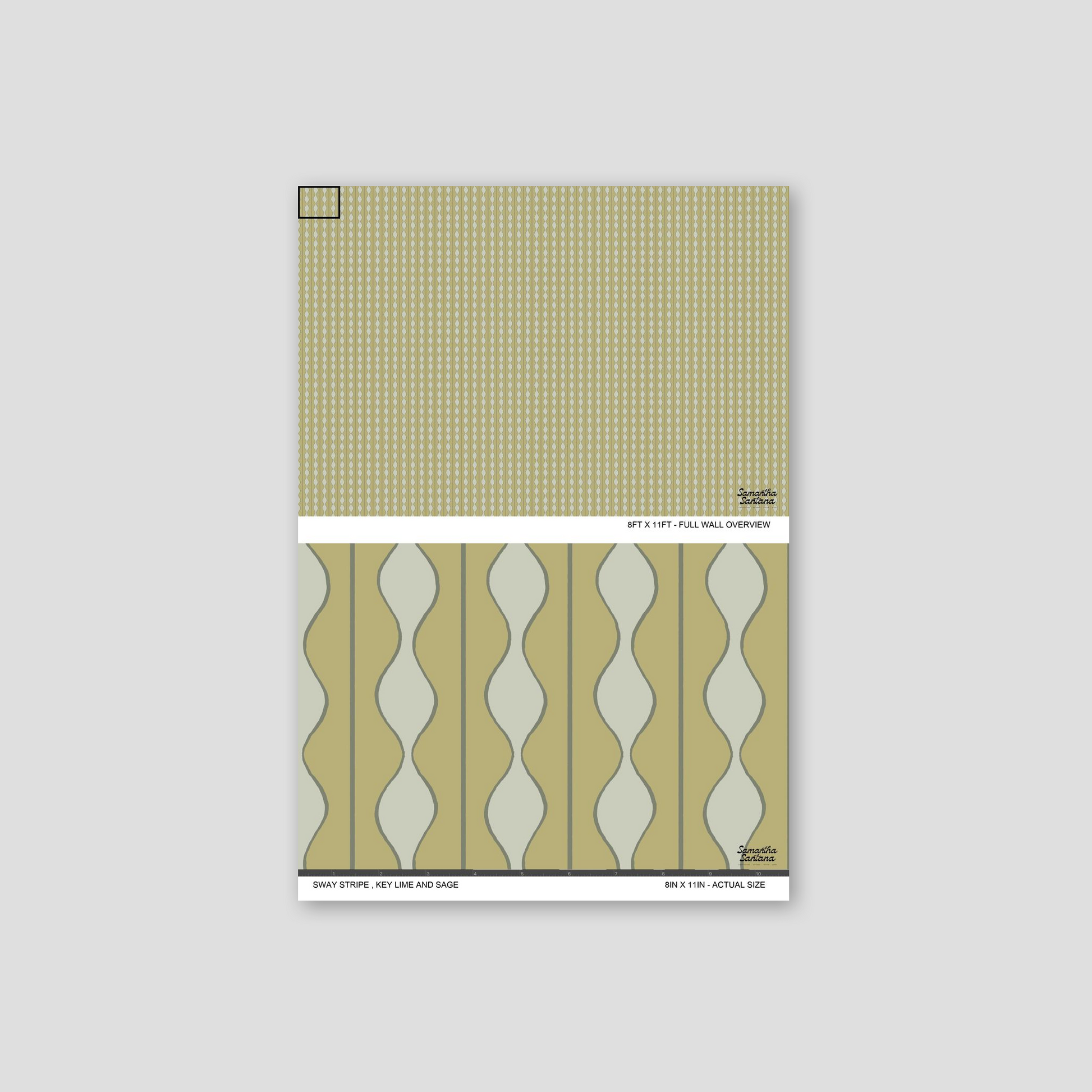 Key lime and sage wavy stripe wallpaper sample with geometric pattern.