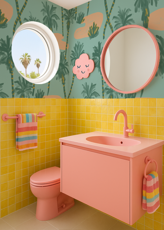 Palm Oasis Wallpaper, teal and peach