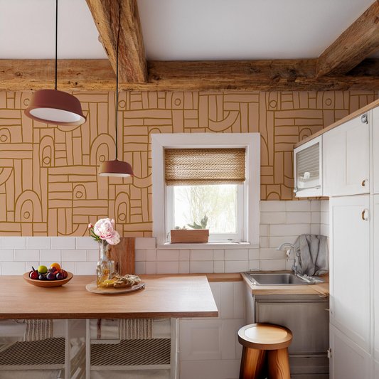 Deco Tile Wallpaper, peach and mustard