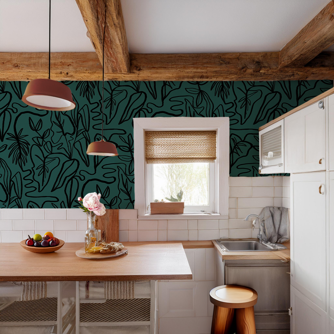 Inked Foliage Wallpaper, teal and black