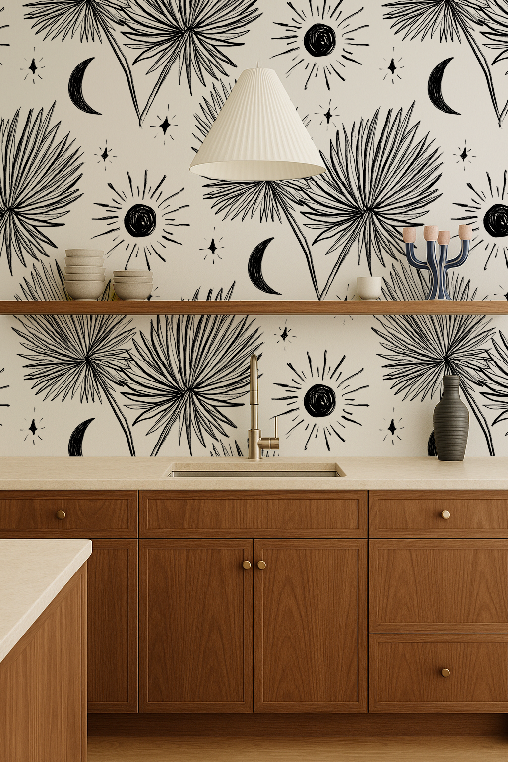 Night Palm Wallpaper, white and black