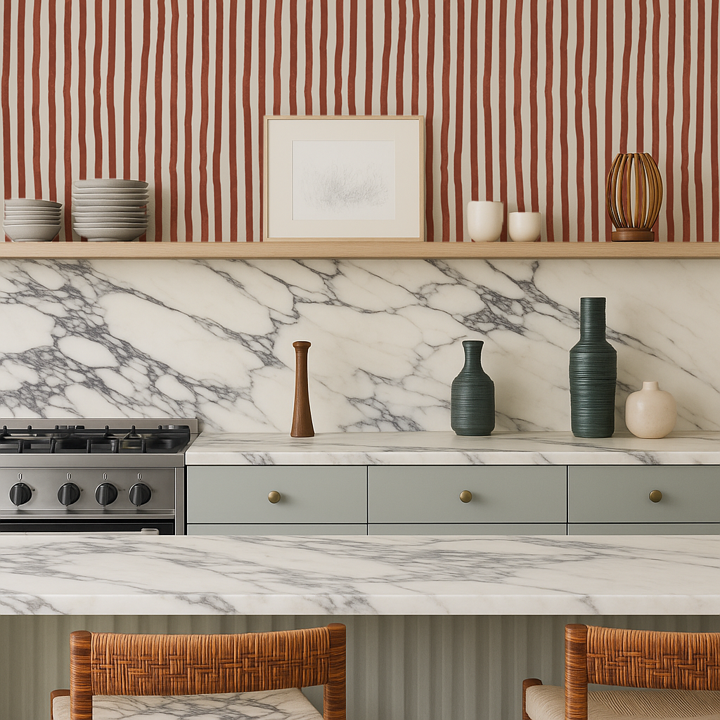 Dolce Stripe Wallpaper, off-white and brick red