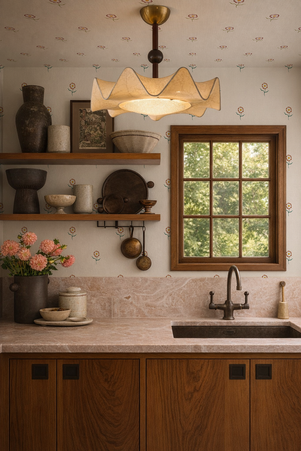 Daisy Dots Wallpaper, linen and siena