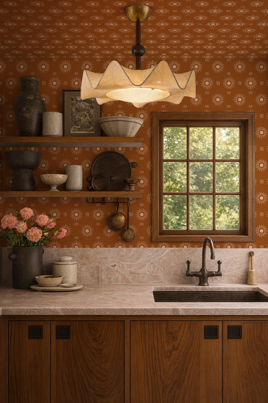 Sun Rays Wallpaper, rust and peach