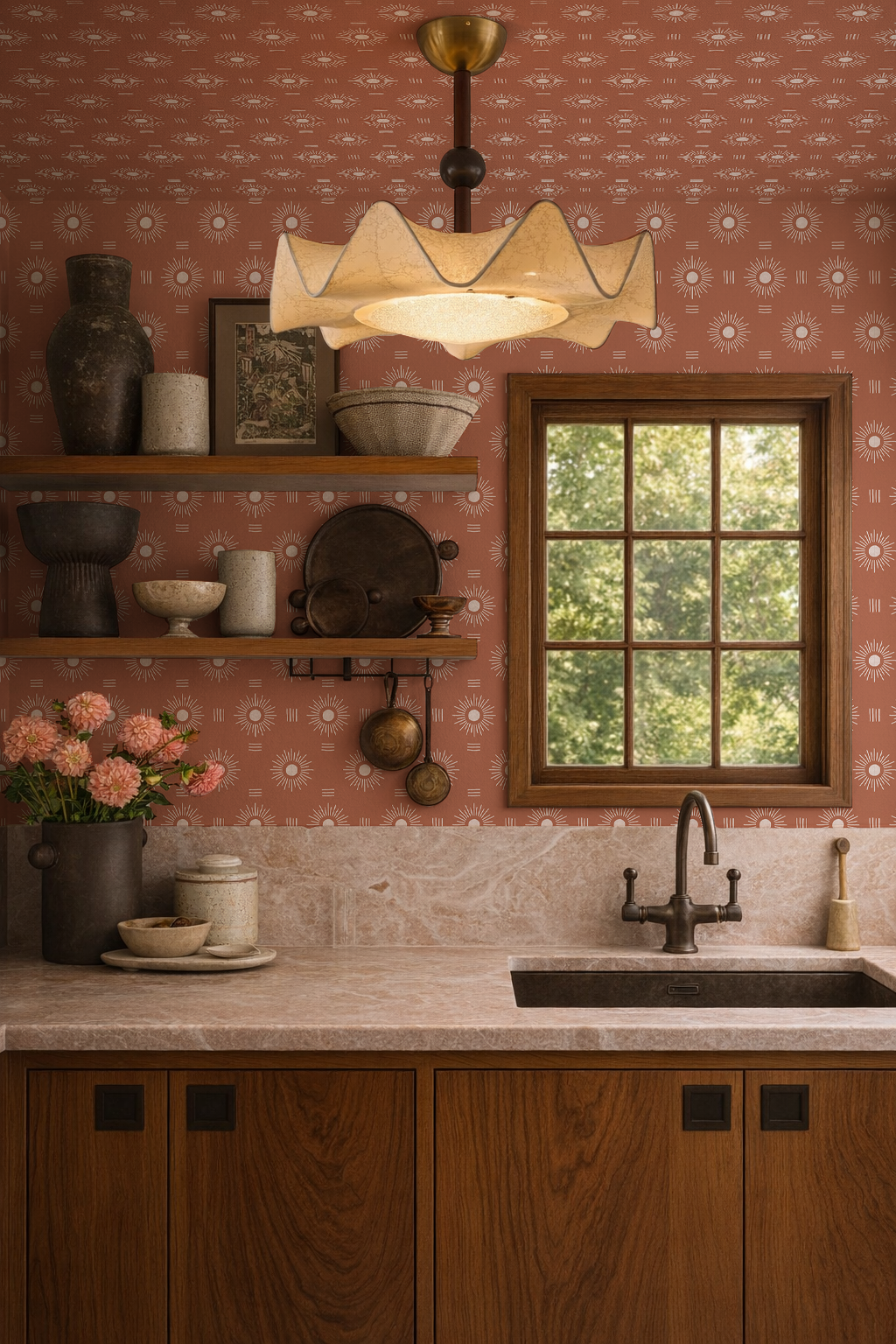Sun Rays Wallpaper, terra cotta and white