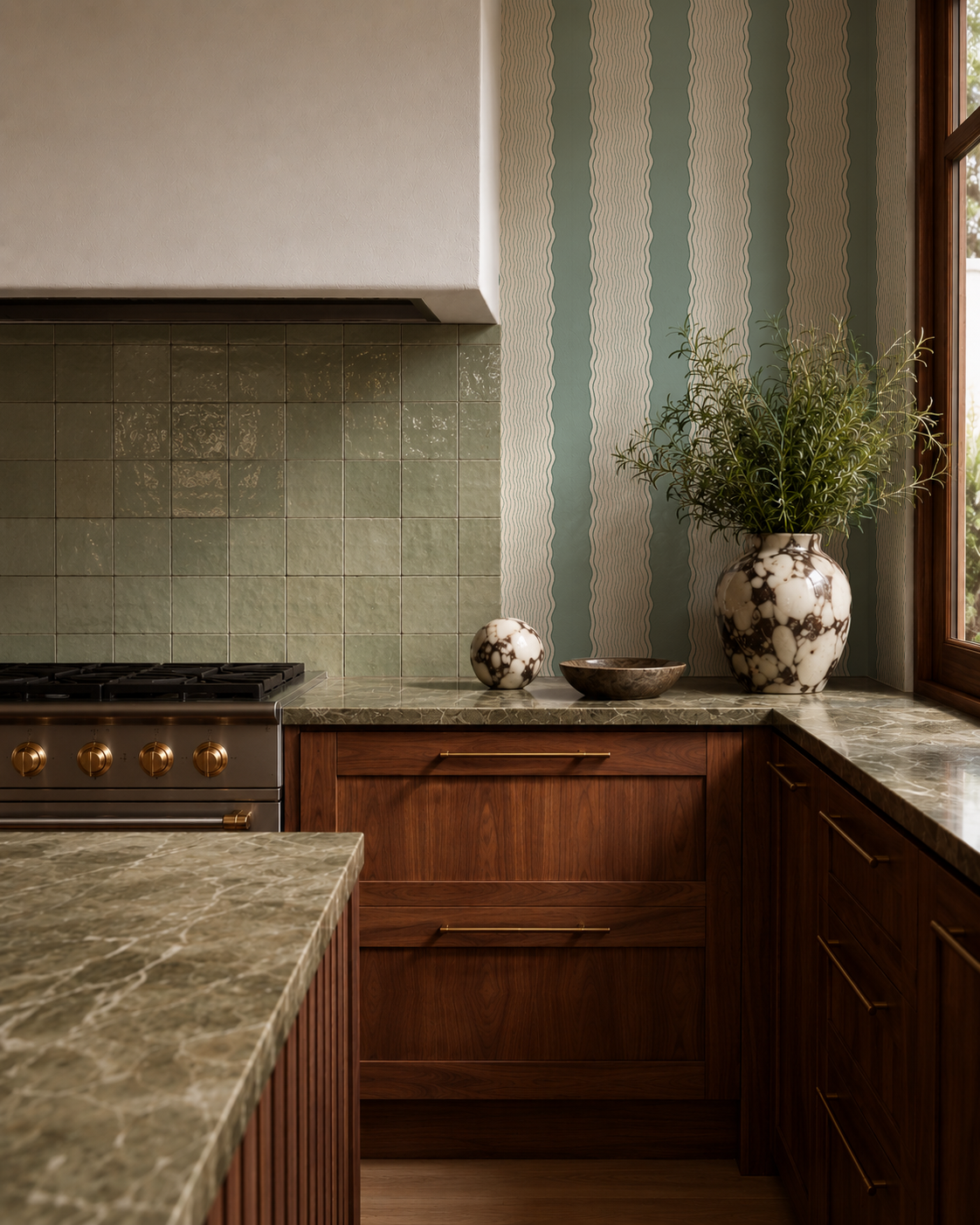 Rio Ripple Wallpaper, beige and dusty teal