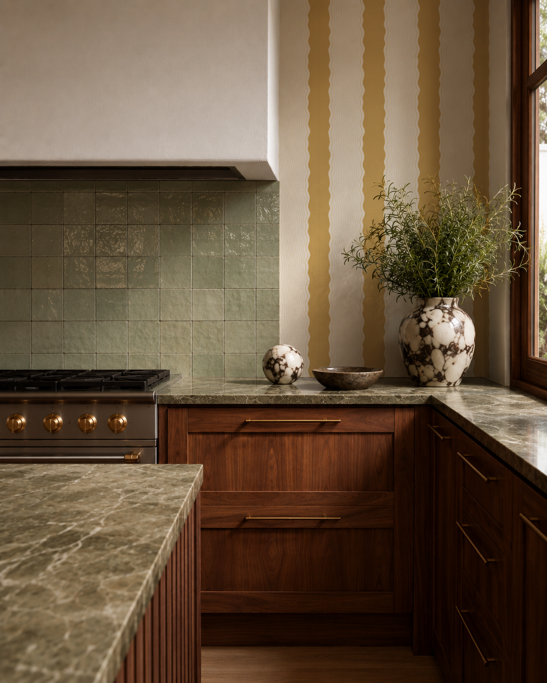 Rio Ripple Wallpaper, beige and mustard yellow