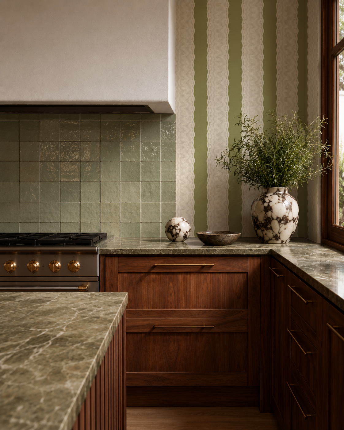 Rio Ripple Wallpaper, beige and olive green