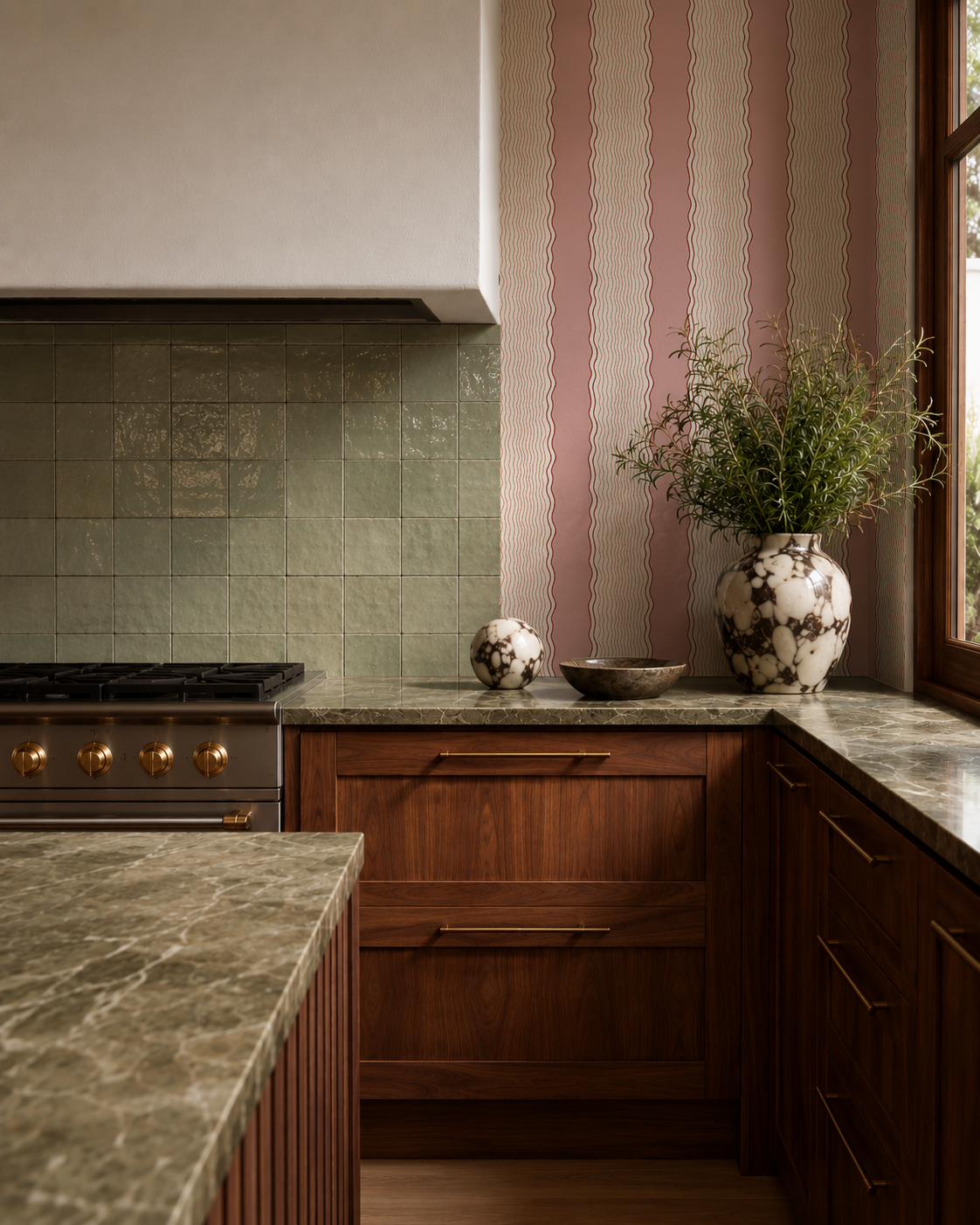 Rio Ripple Wallpaper, beige, pink and maroon