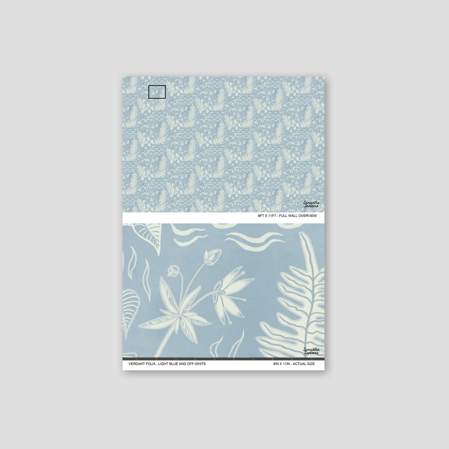 Light blue wallpaper with off-white botanical motifs, sample view.