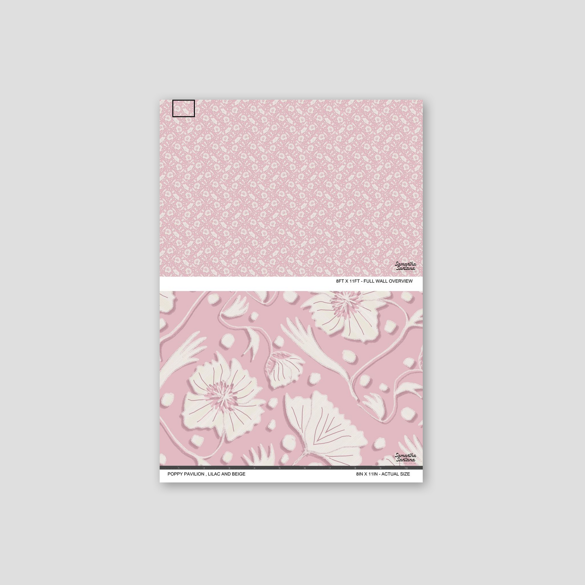 Lilac and beige floral wallpaper sample with delicate blossoms.