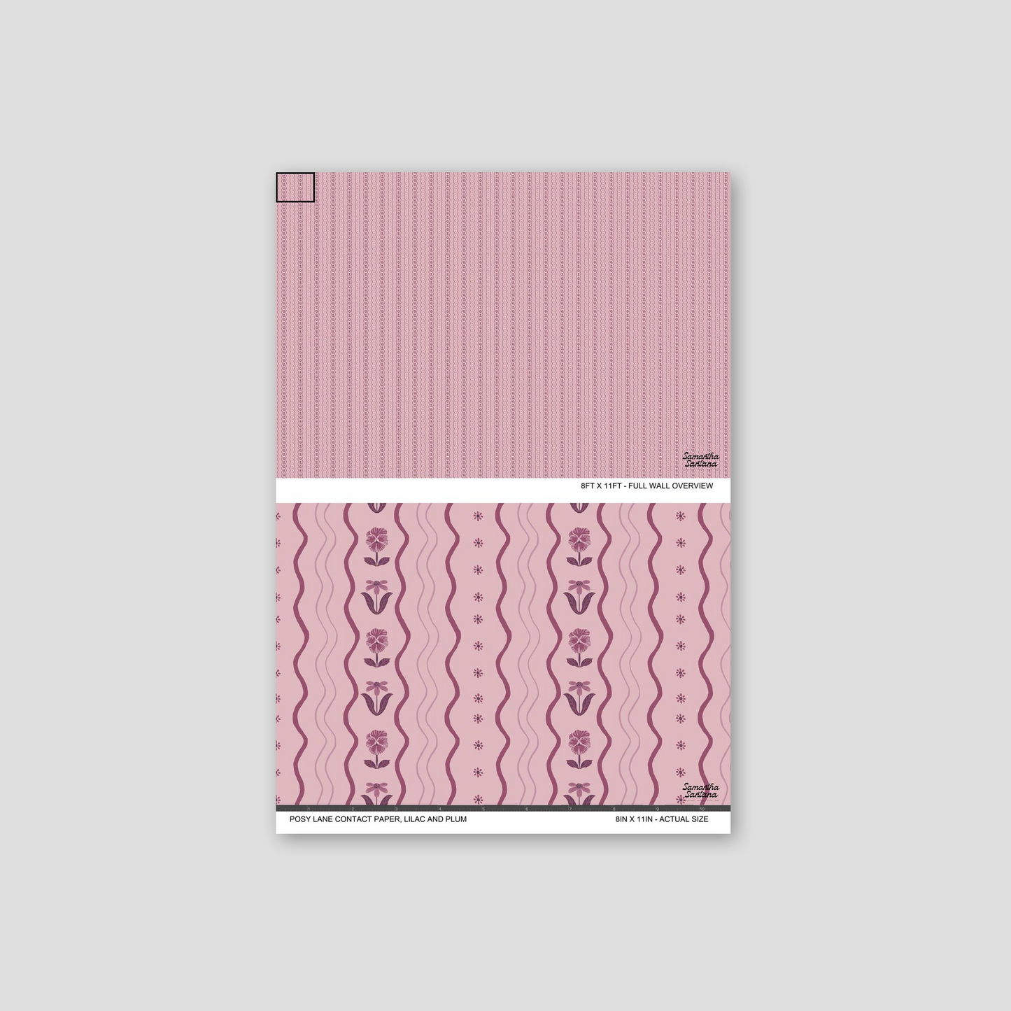 Lilac and plum floral contact paper, shelf liner with curvy lines and intricate details.