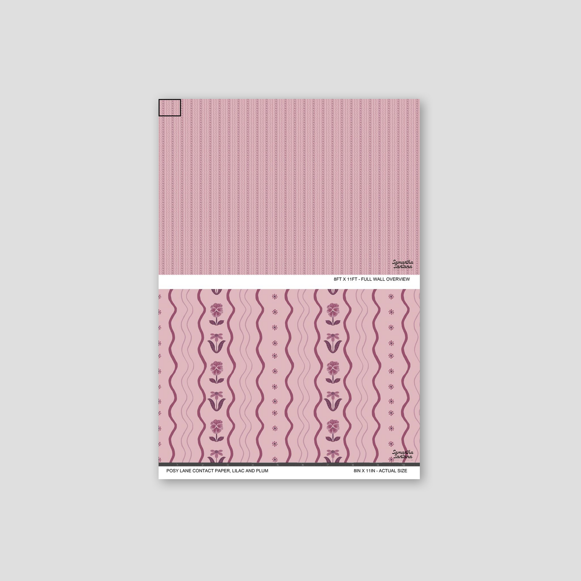 Lilac and plum floral contact paper, shelf liner with curvy lines and intricate details.