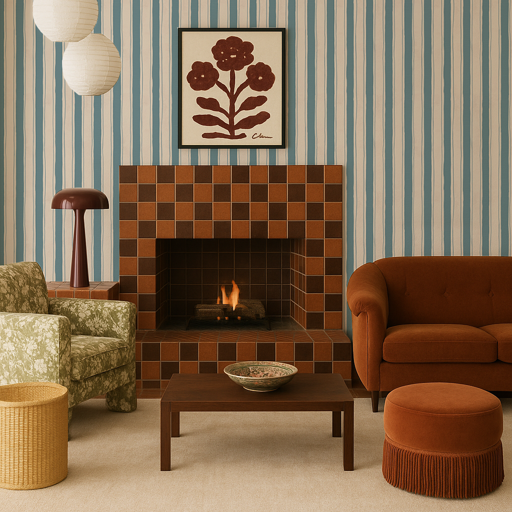 Riviera Stripe Wallpaper, off-white and dusty blue