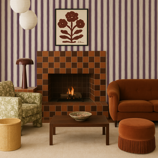 Riviera Stripe Wallpaper, off-white and eggplant