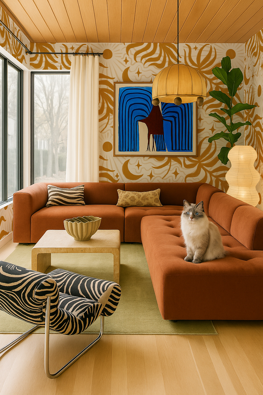 Lunar Leaf Wallpaper, beige and mustard