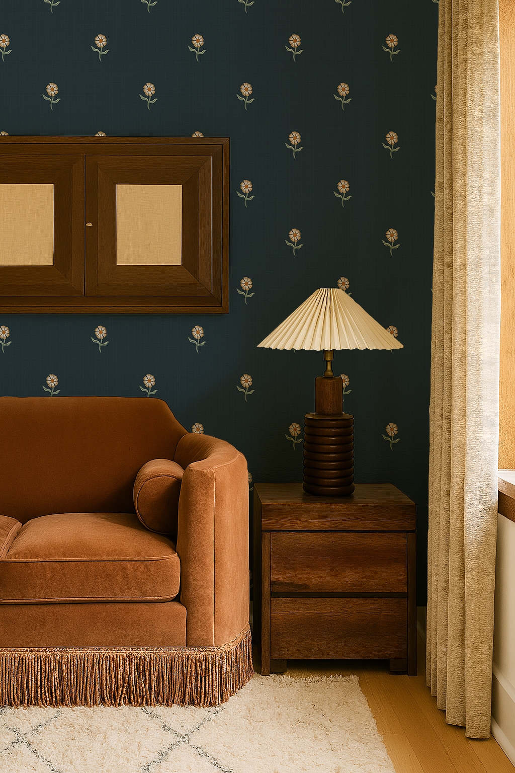 Daisy Dots Wallpaper, midnight blue