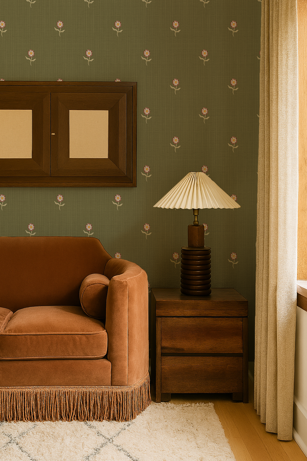 Daisy Dots Wallpaper, olive green