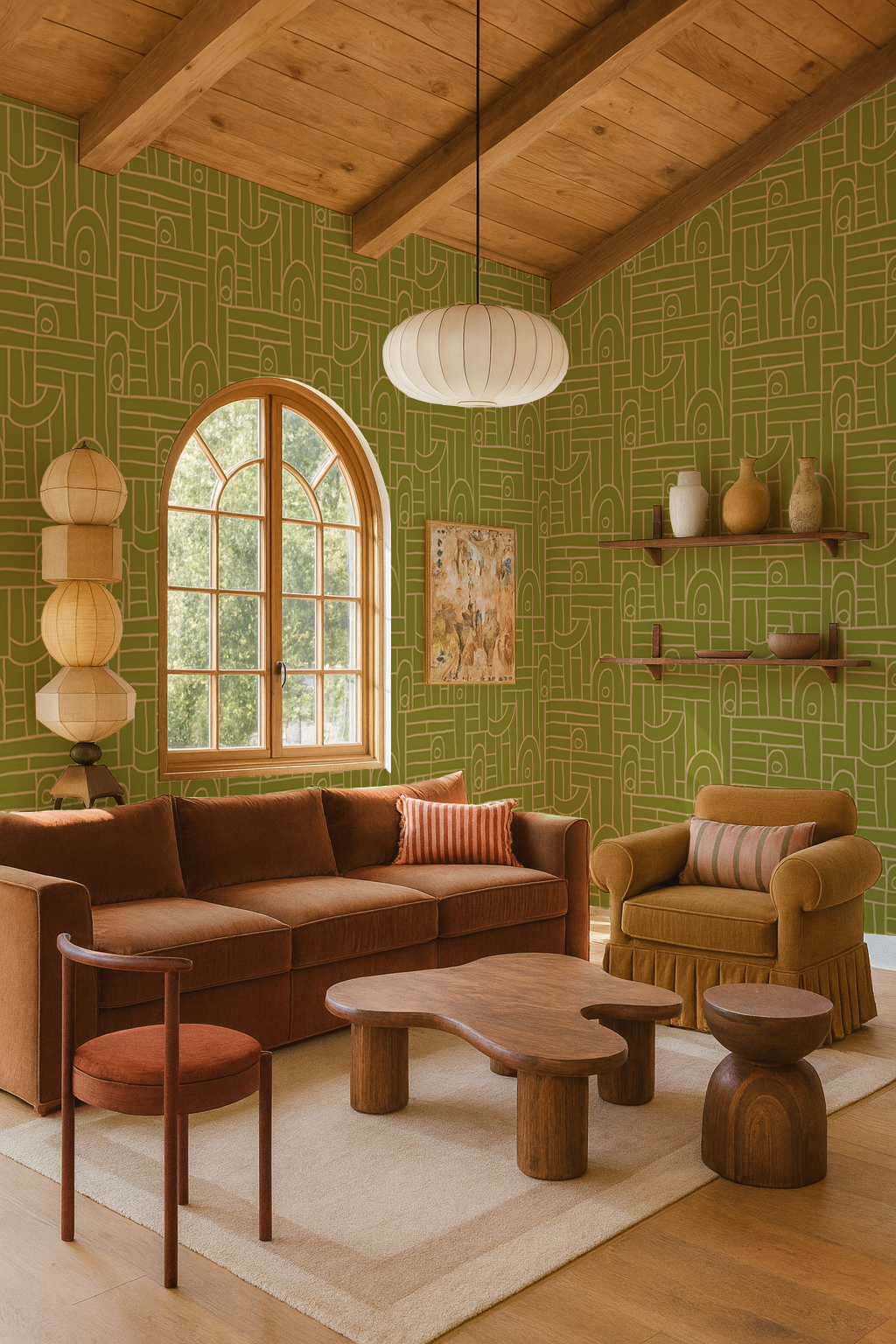 Deco Tile Wallpaper, chartreuse and peach