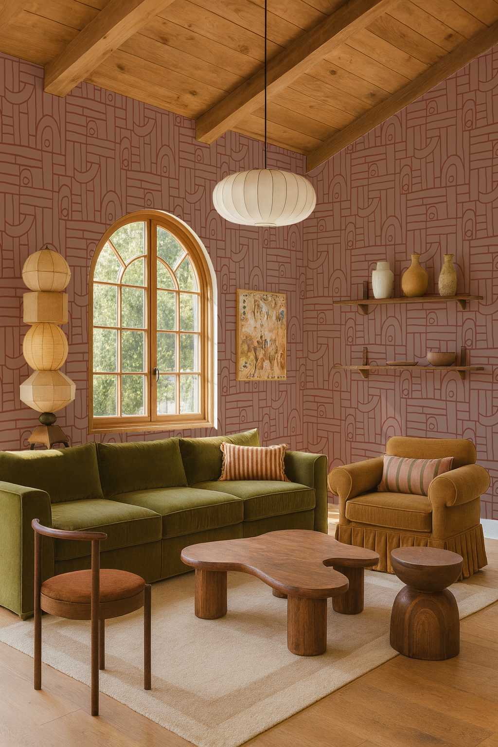 Deco Tile Wallpaper, mauve and burnt orange
