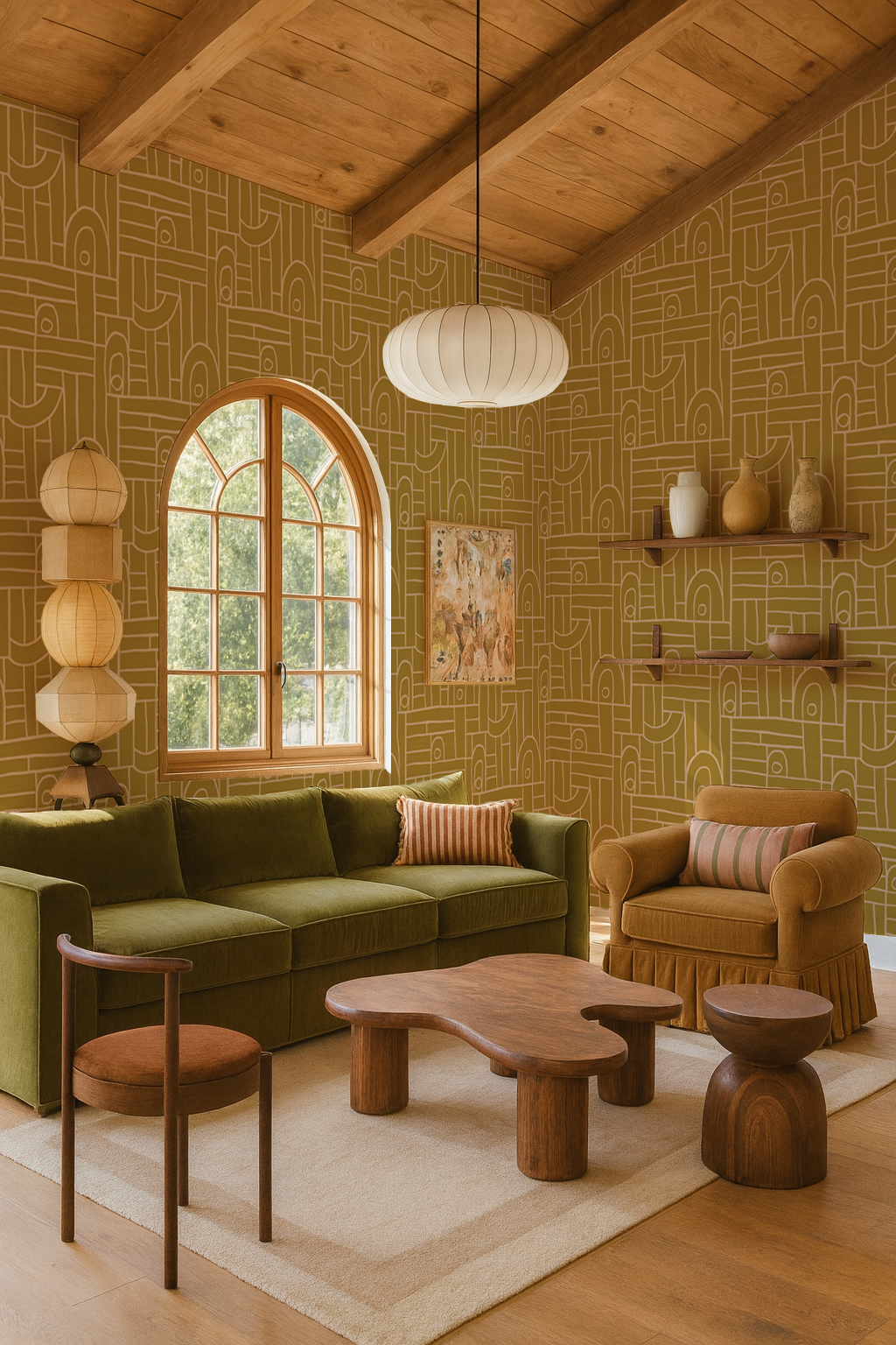 Deco Tile Wallpaper, mustard & peach