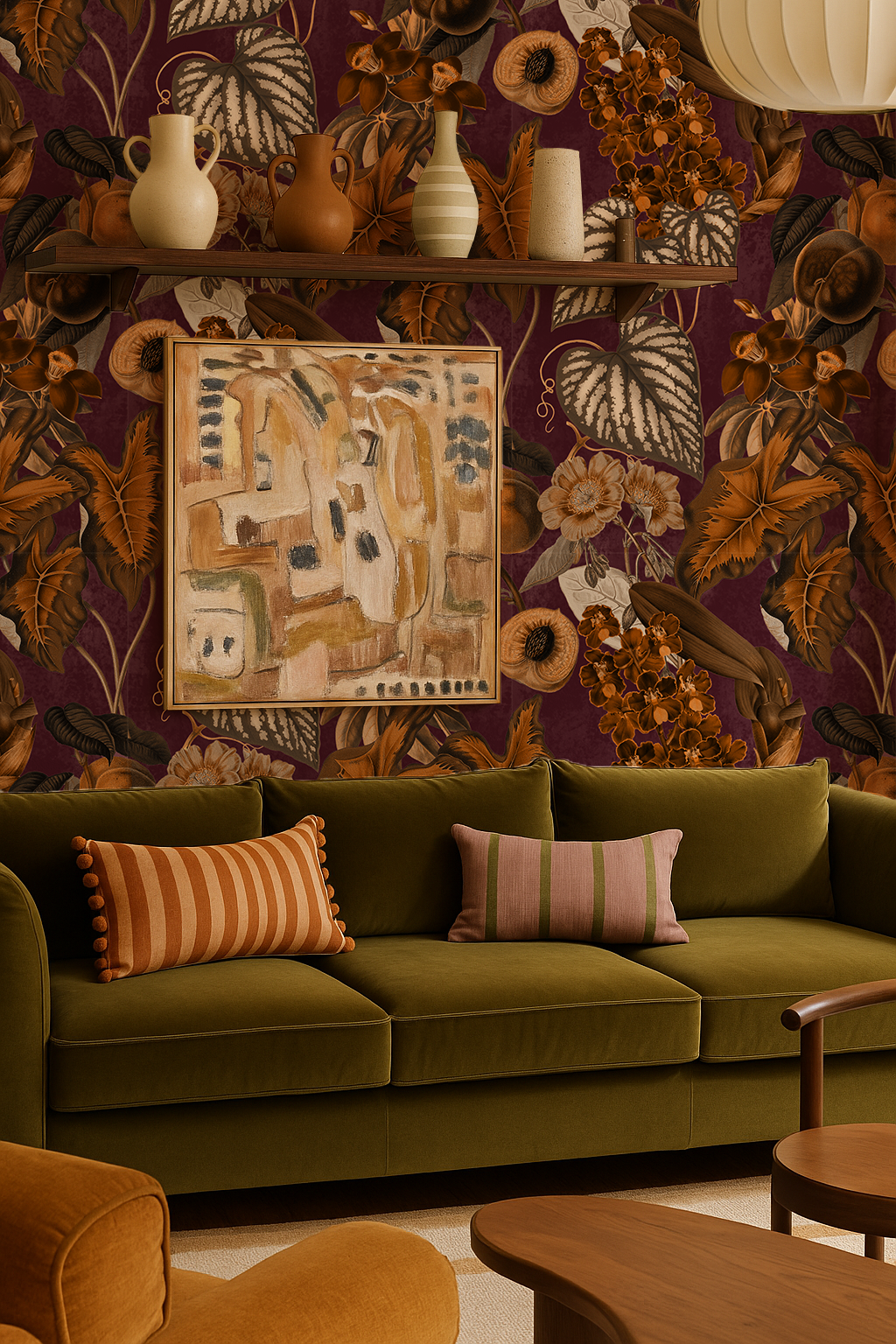 Cali Tropicale Wallpaper, eggplant and toffee