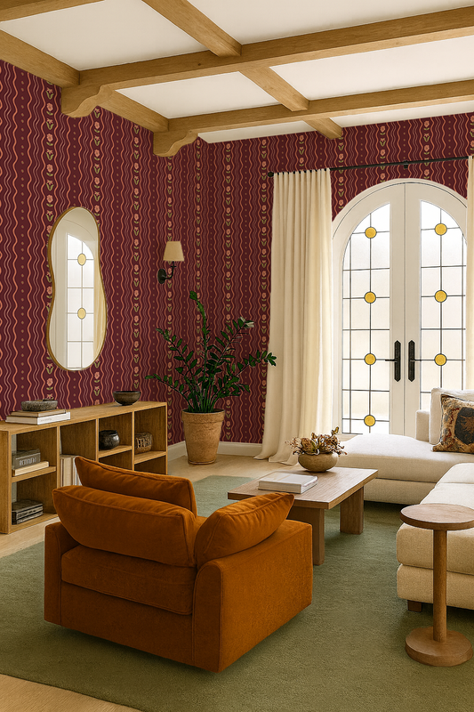 Posy Lane Stripe Wallpaper, fig jam and coral